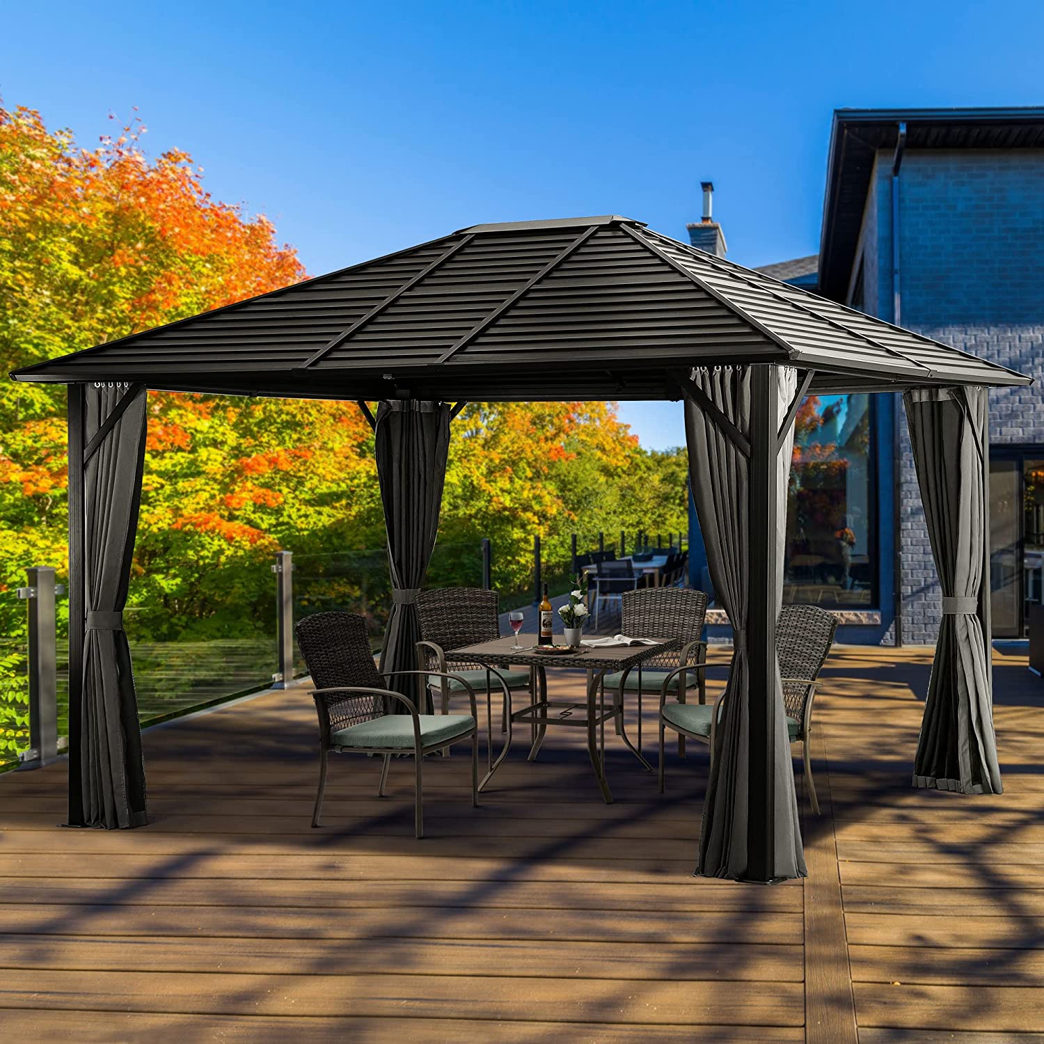 【Gazebo】10'x12' Patio Hardtop Gazebo with Fully Enclosed Zip Curtains & Breathable Mesh