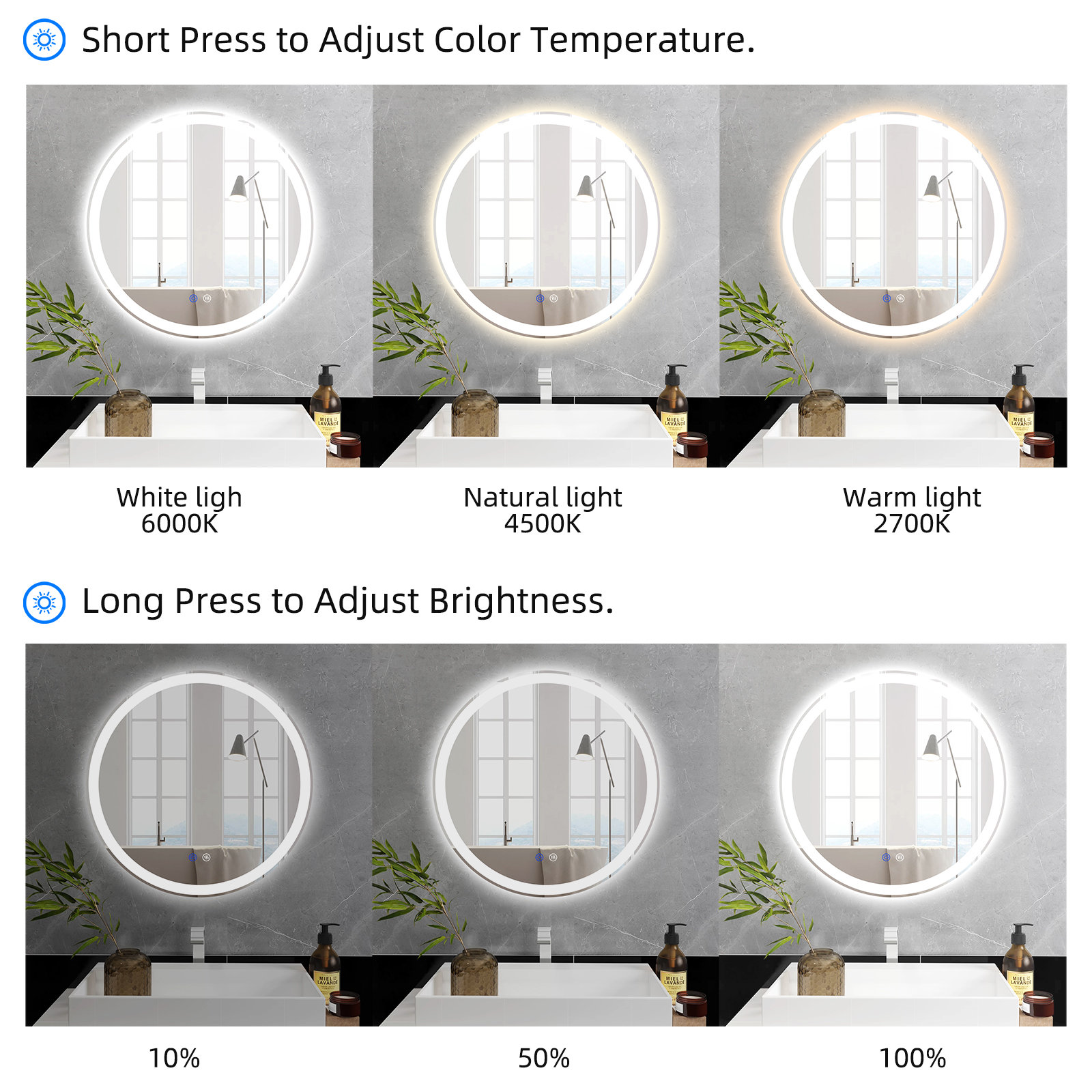 【Home Improvement】Modern & Contemporary Lighted Fog Free Round Bathroom / Vanity Mirror