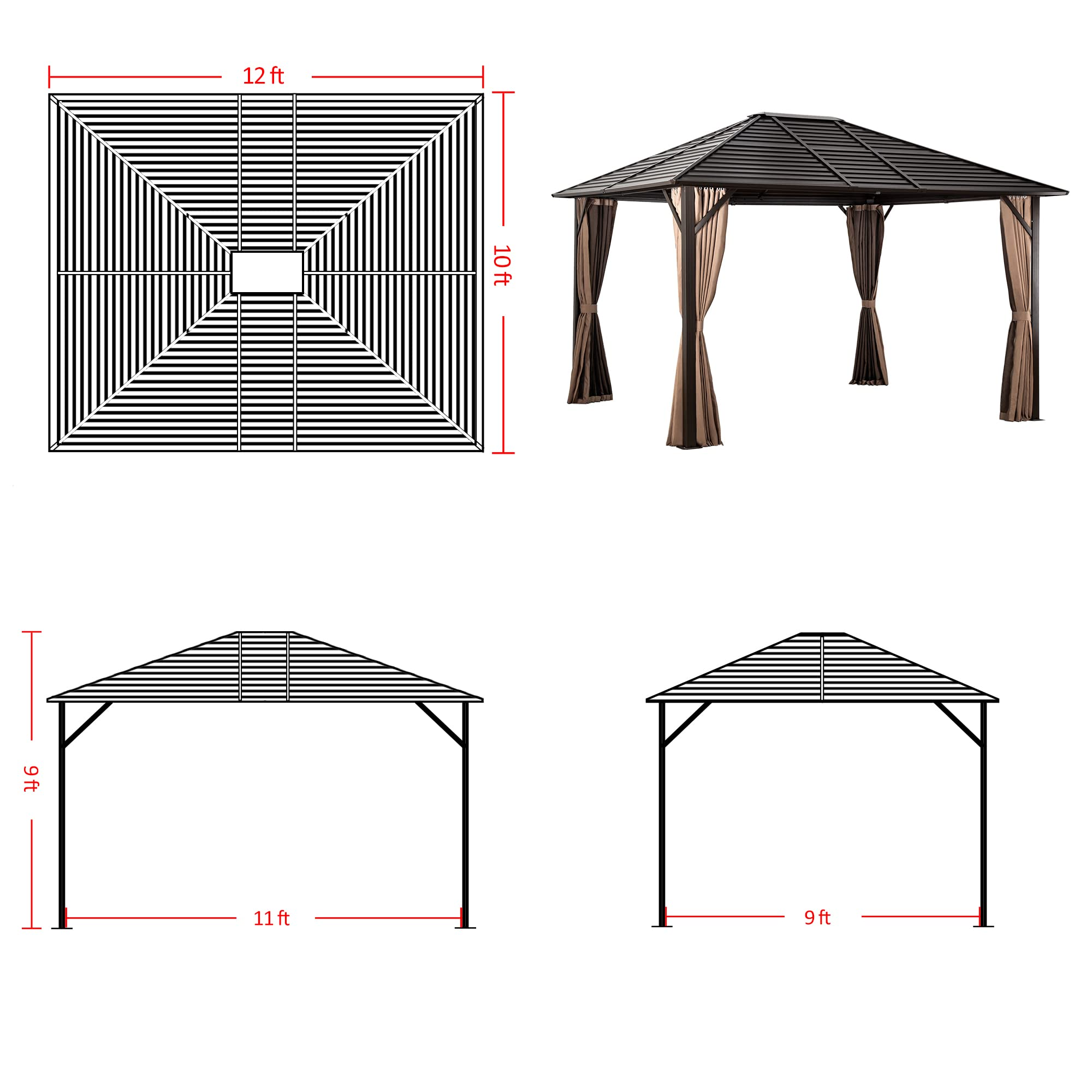 【Gazebo】10'x12' Patio Hardtop Gazebo with Fully Enclosed Zip Curtains & Breathable Mesh