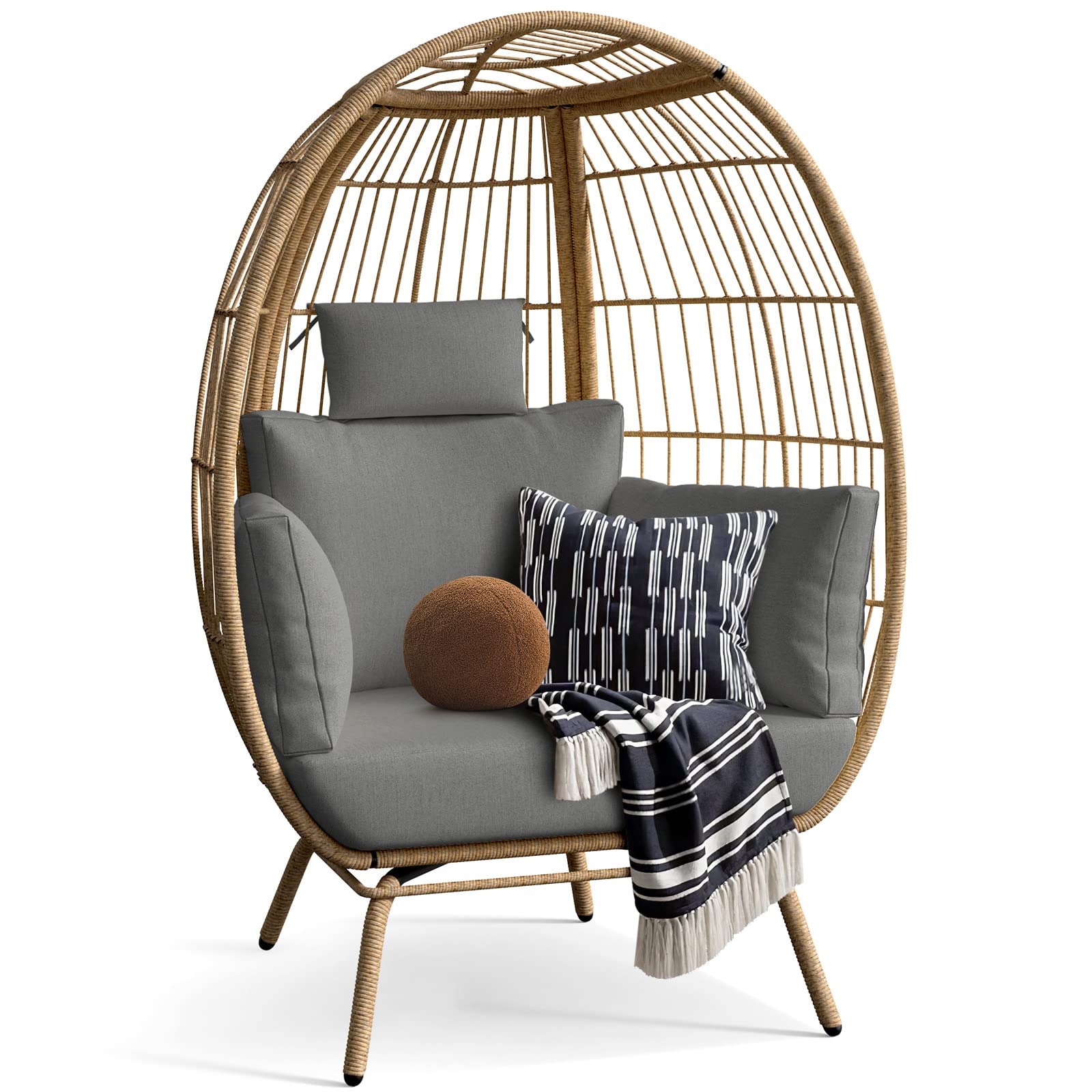 【Furniture】Wicker Egg Chair Outdoor Indoor Oversized Lounger with Stand and Cushions Egg Basket Chair