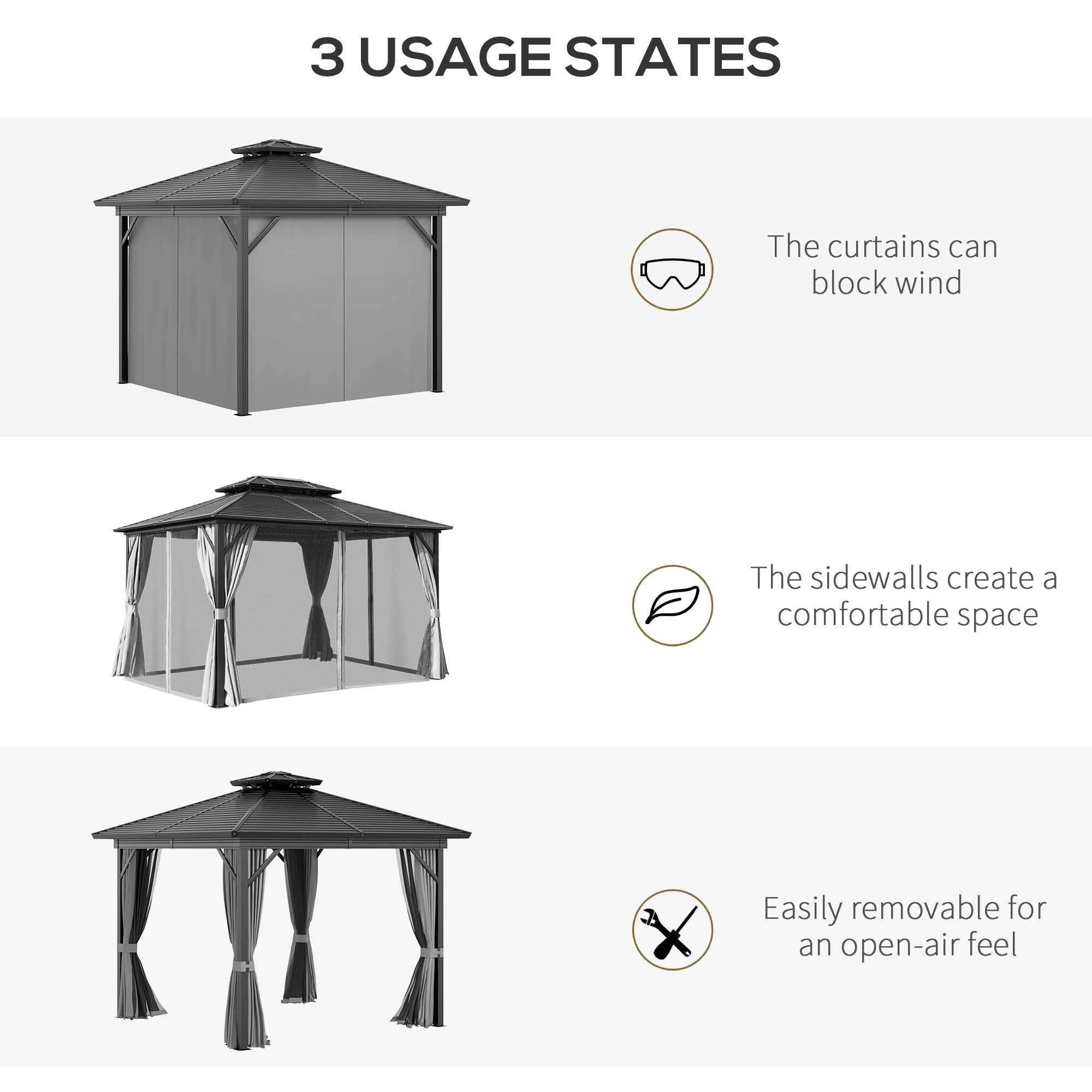 【Gazebo】10x10 Hardtop Gazebo with Aluminum Frame, Permanent Metal Roof Gazebo Canopy w/ Curtains & Netting