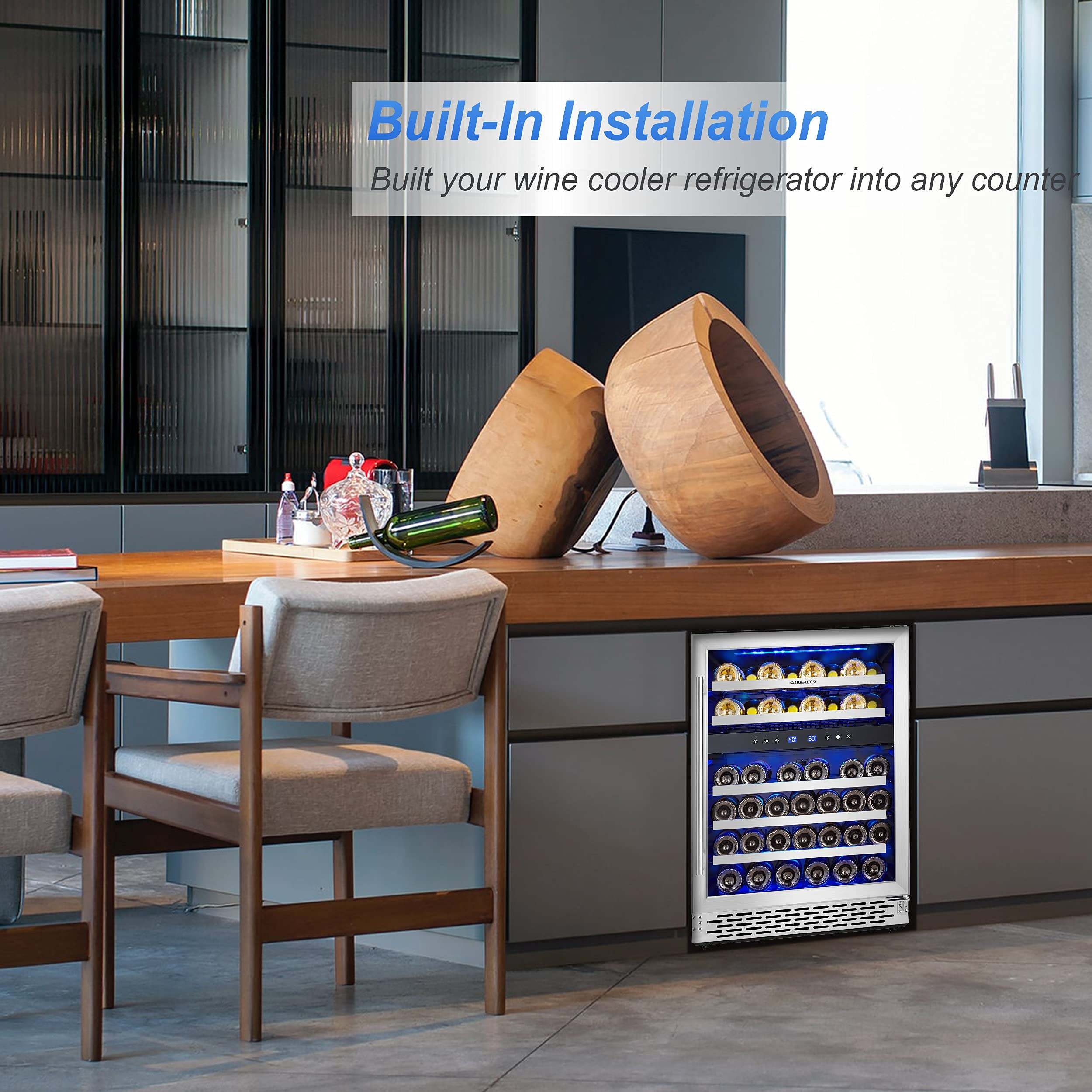 【Appliances】Phiestina 24 Inch Under Counter Wine Cooler - 46 Bottle Built-In Dual Zone Compressor Wine Refrigerator