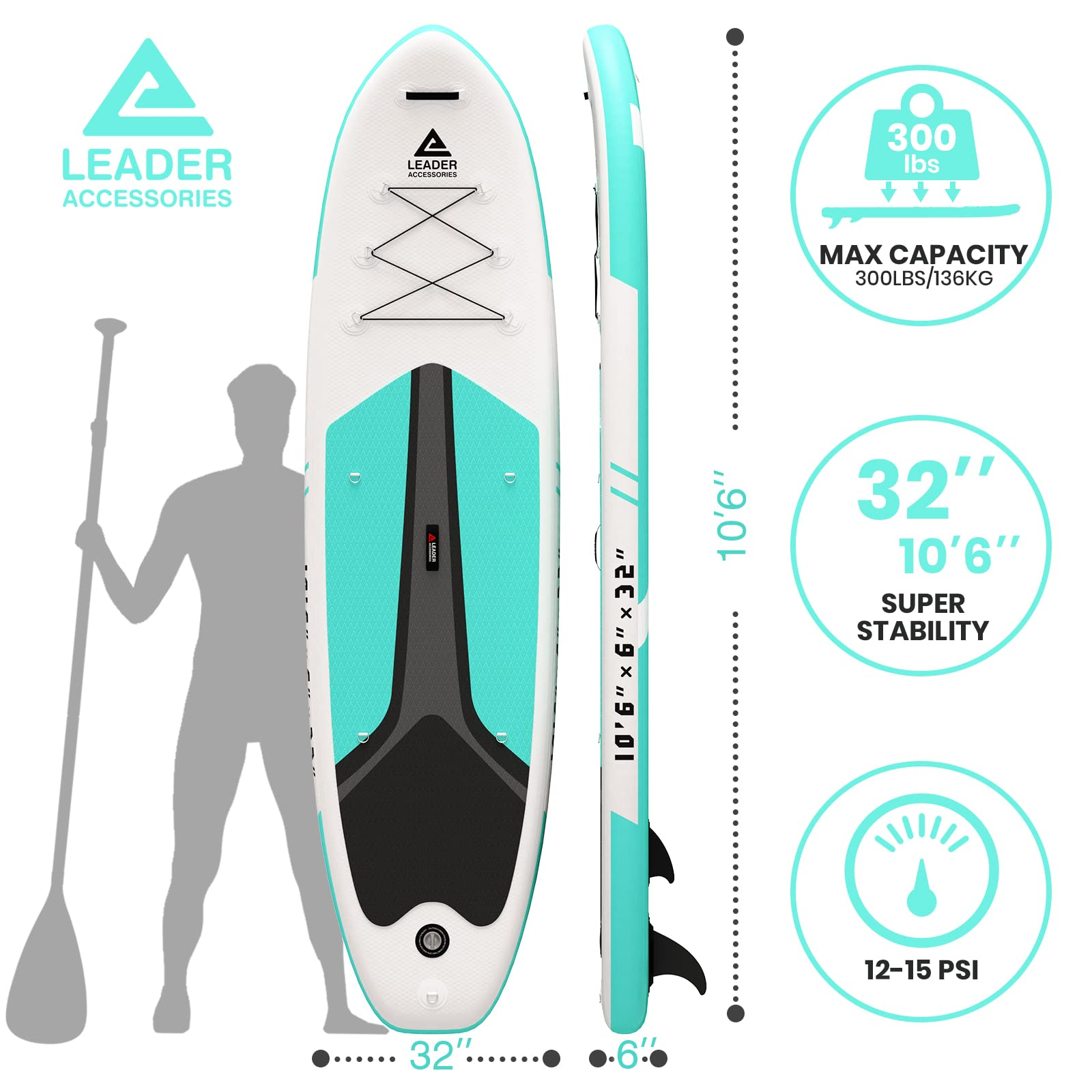 【Sports&Outdoors】Inflatable Stand up Board with Fins Adjustable Paddle Kayak Leash Backpack Pump