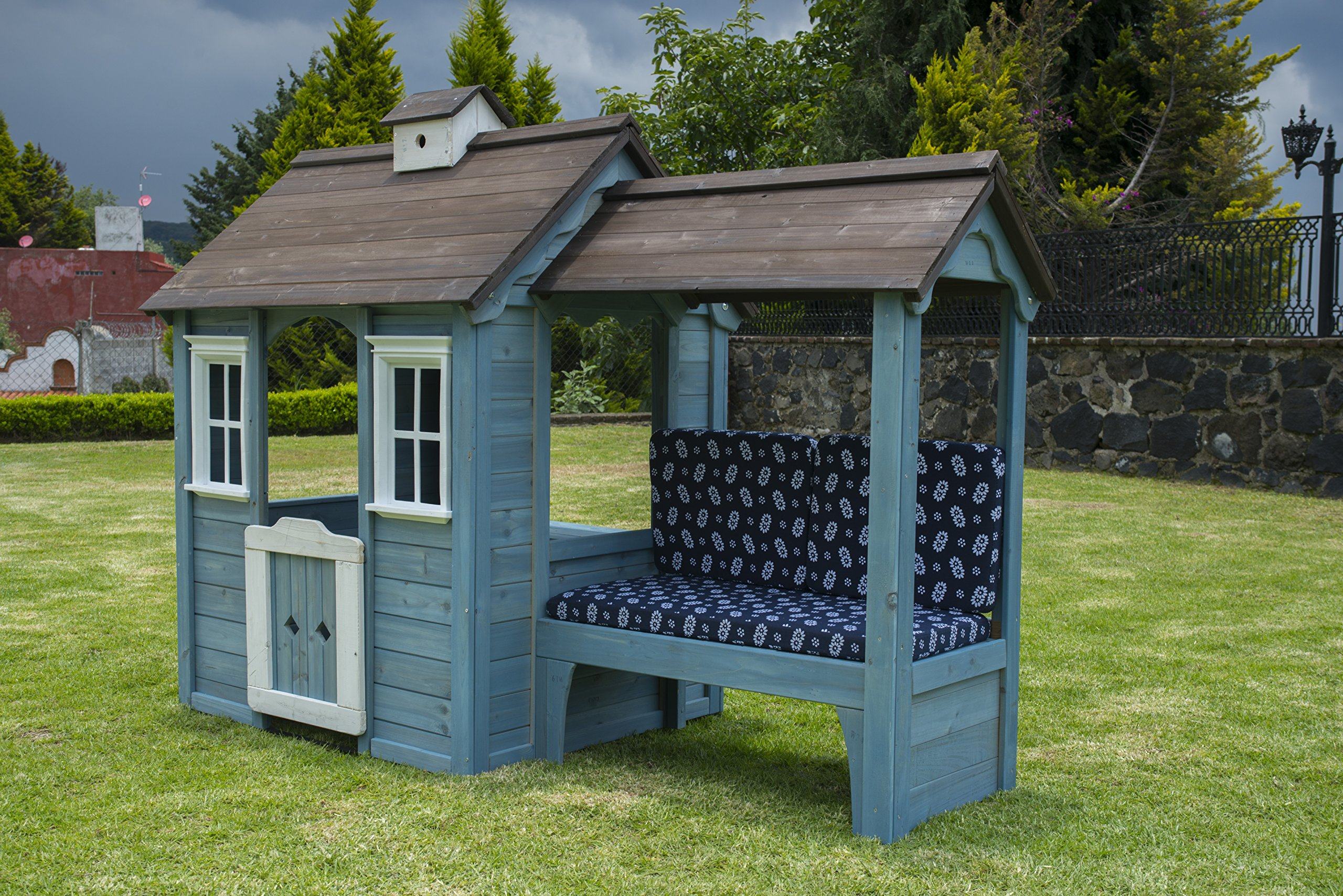 【Baby&Kids】Wooden Outdoor Playhouse with Bench, Blue, 83.6