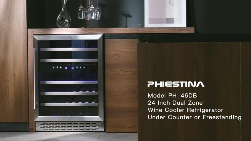 【Appliances】Phiestina 24 Inch Under Counter Wine Cooler - 46 Bottle Built-In Dual Zone Compressor Wine Refrigerator