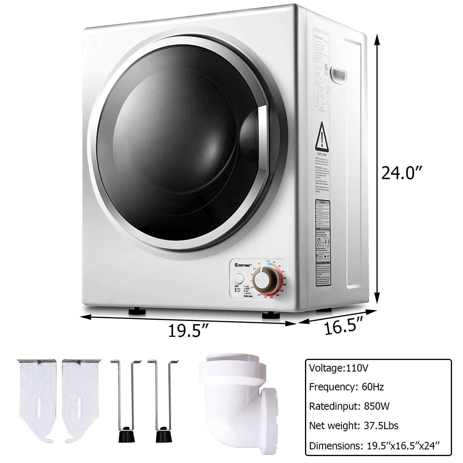 【Appliances】COSTWAY Compact Laundry Dryer, 110V Electric Portable Clothes Dryer with Stainless Steel Tub