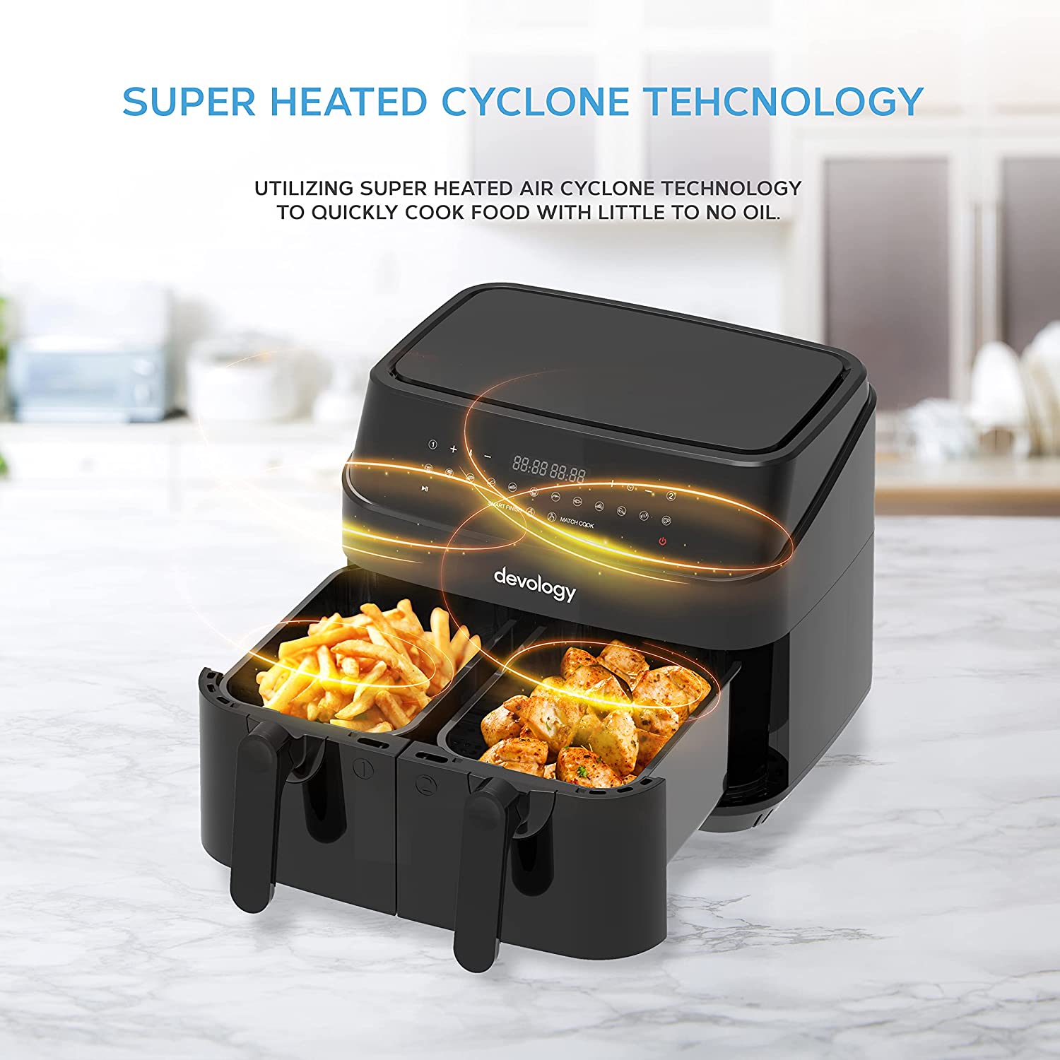 Devology Double Air Fryer - 9L - 2 x 4.5L Independent Cooking Zones - Free 50 Recipe Cookbook- 12 Cooking Programs - Digital LED Display Airfryer - Healthy Oil-free Fryer - Portable Kitchen Appliance