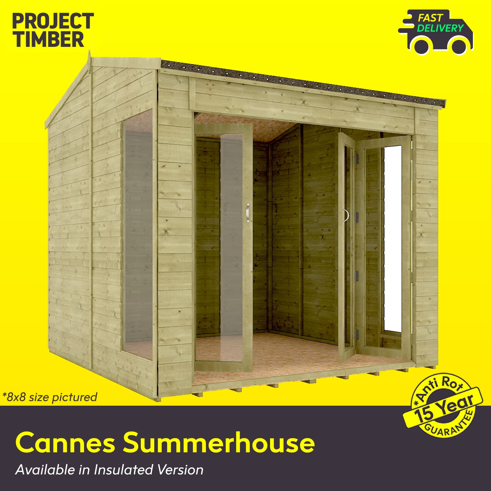 【Home&Garden】10x8 Cannes Wooden Summerhouse Garden Shed Wide Bi-fold Double French Doors