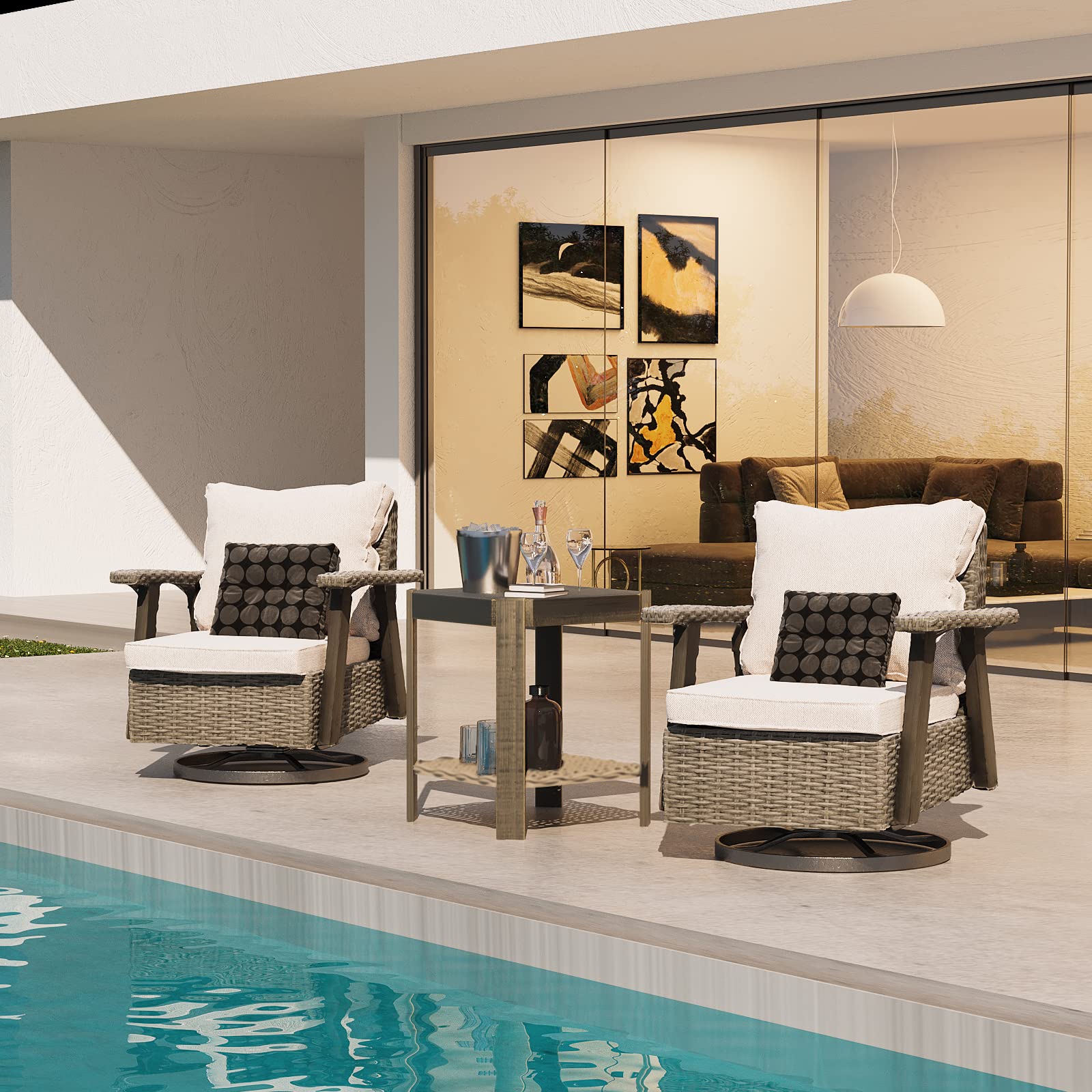 【Furniture】Outdoor Swivel Rocker Patio Chairs Sets of 2 and Matching Side Table - 3 Piece Wicker Patio Bistro Set