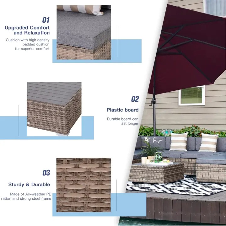 【Furniture】Outsunny 7 Piece Terrace Rattan Sofa Set All Weather Conversation Garden Wicker Combination Set with Coffee Table and Cushions