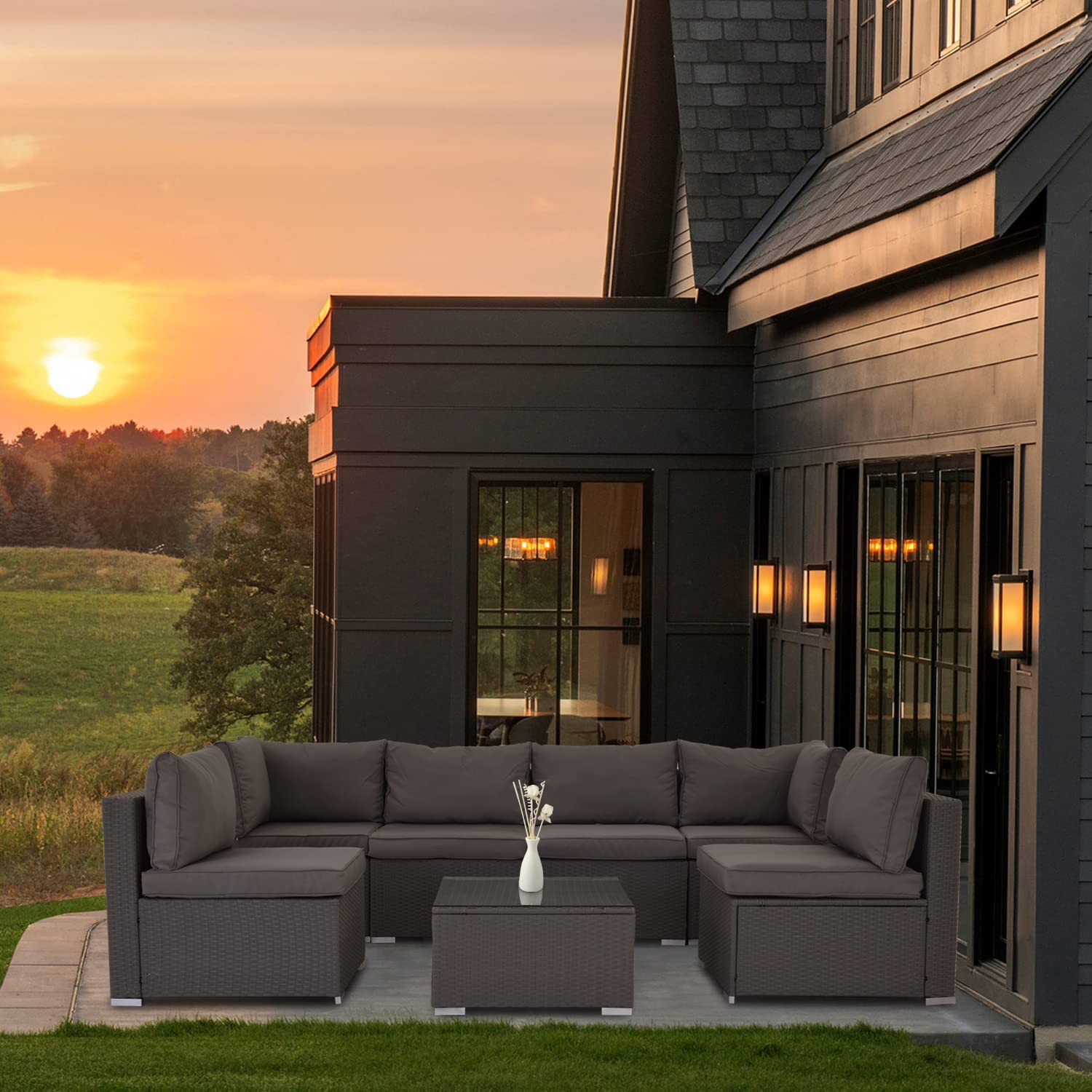 Outdoor Patio Furniture Set, 7 Pcs Patio Conversation Set Sectional Rattan Sofa Set