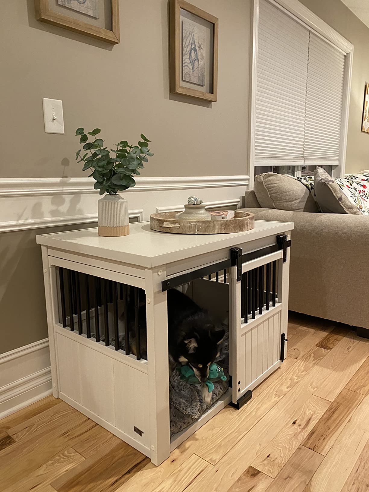 【pet】Homestead Sliding Barn Door Furniture Style Dog Crate - Antique White, Extra Large