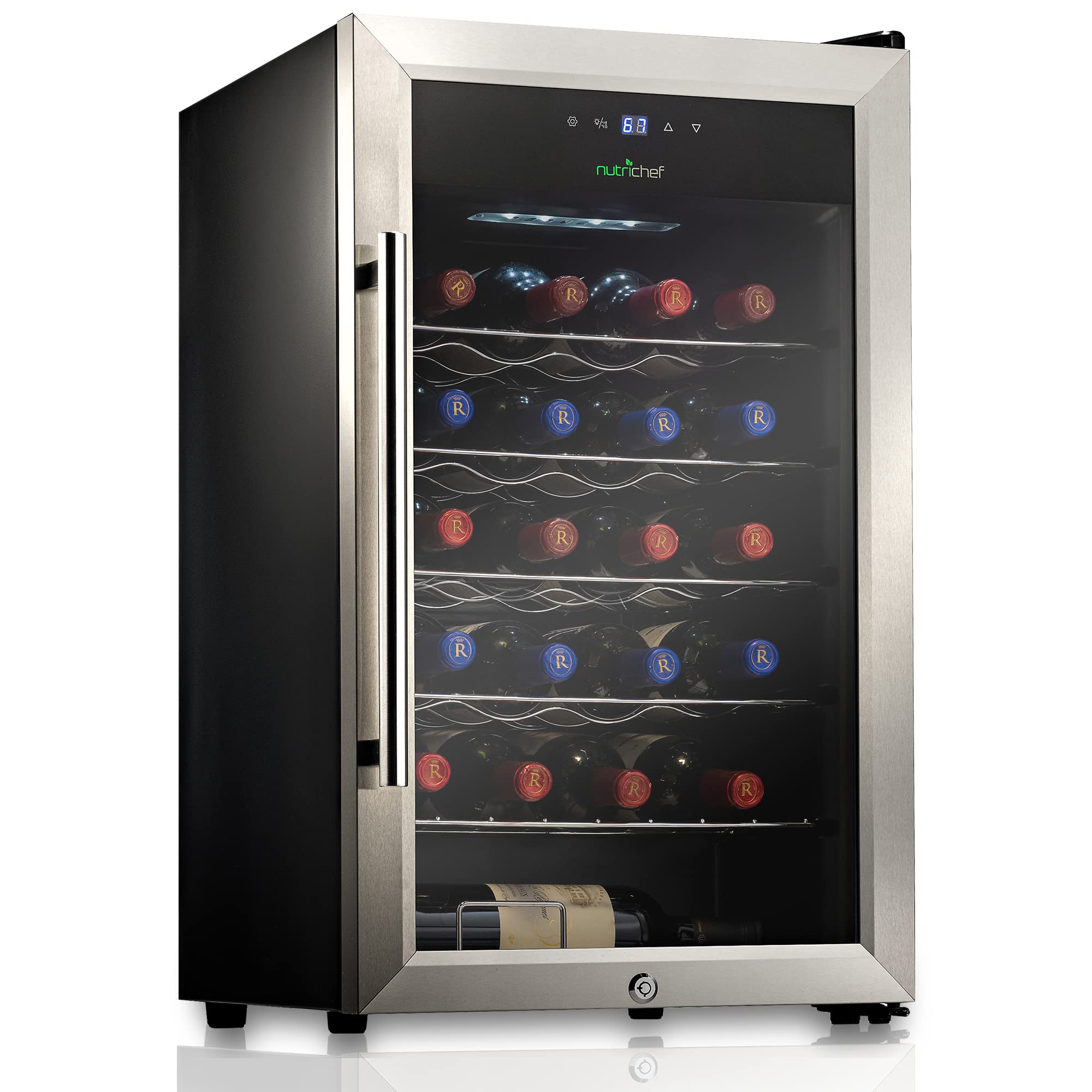 【Appliances】NutriChef PKCWC12 12 Bottle Cooler Refrigerator White and Red Countertop Chiller