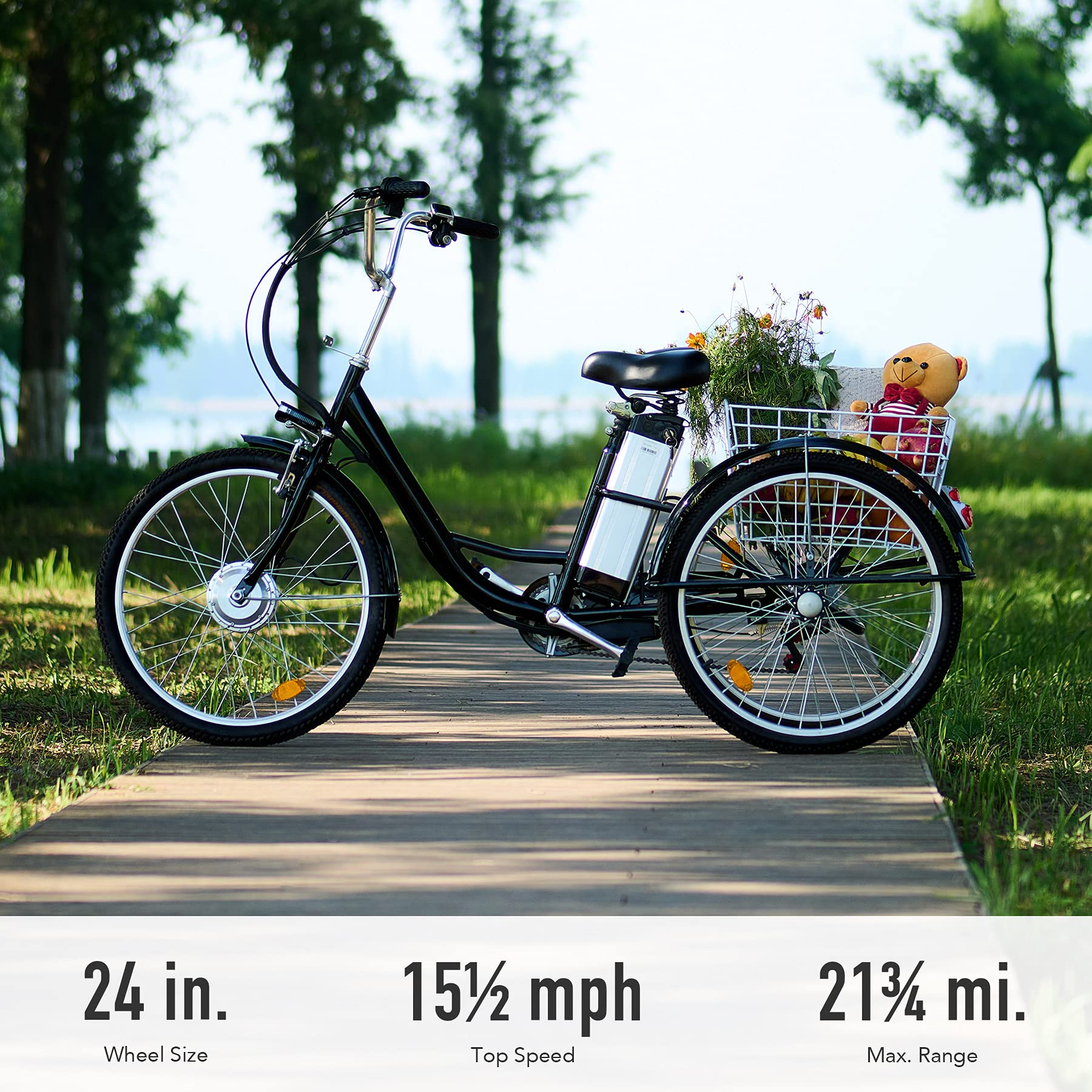 【Sports&Outdoors】3 Wheel Electric Bike for Adults with 250w Motor, Bike Tube, Removable 36V 10Ah Lithium Battery