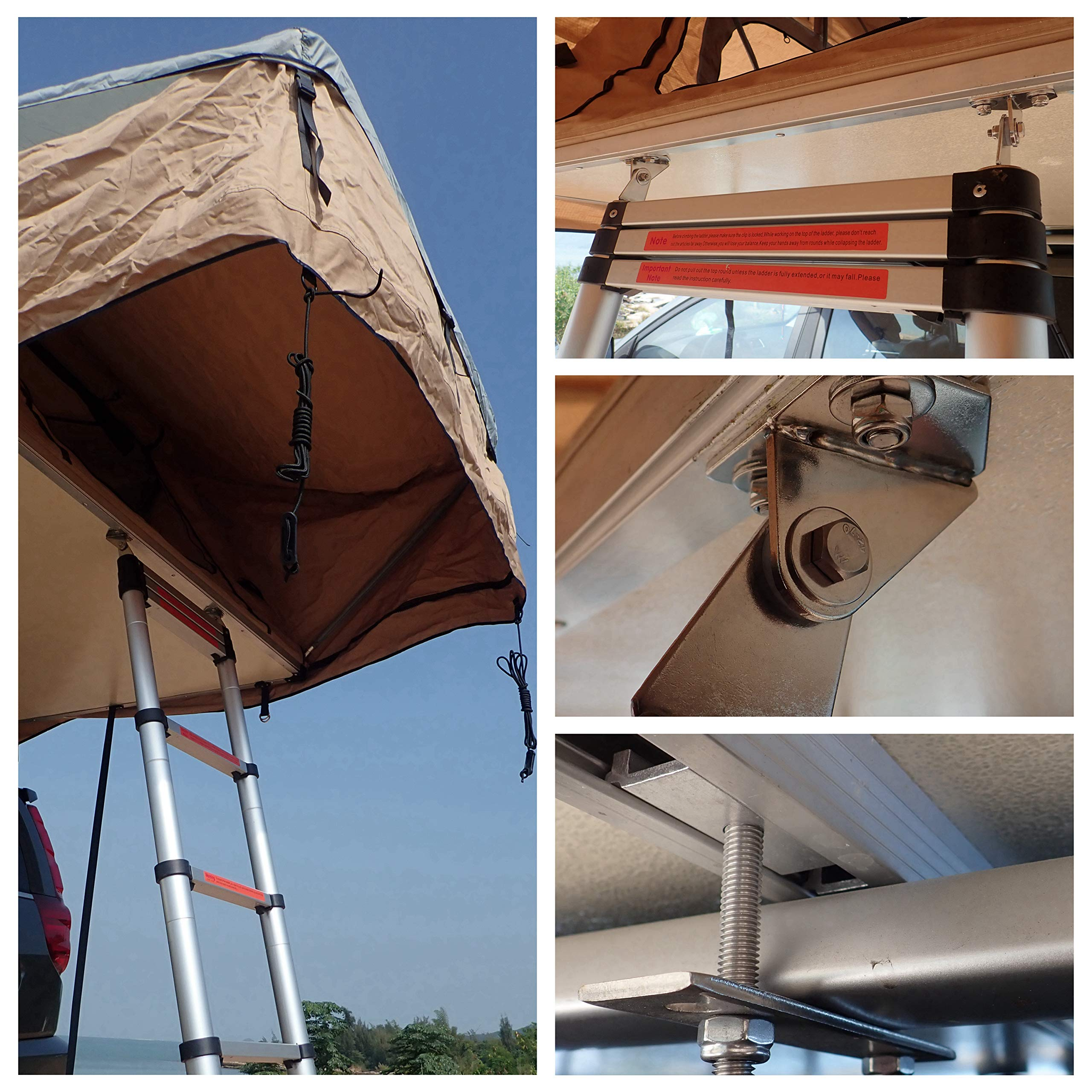 Overland Vehicle Systems TMBK 3 Person Roof Top Tent with Rain Fly Tan Body & Green Rainfly - Black Aluminum Base with Black Ladder - Universal Fitment