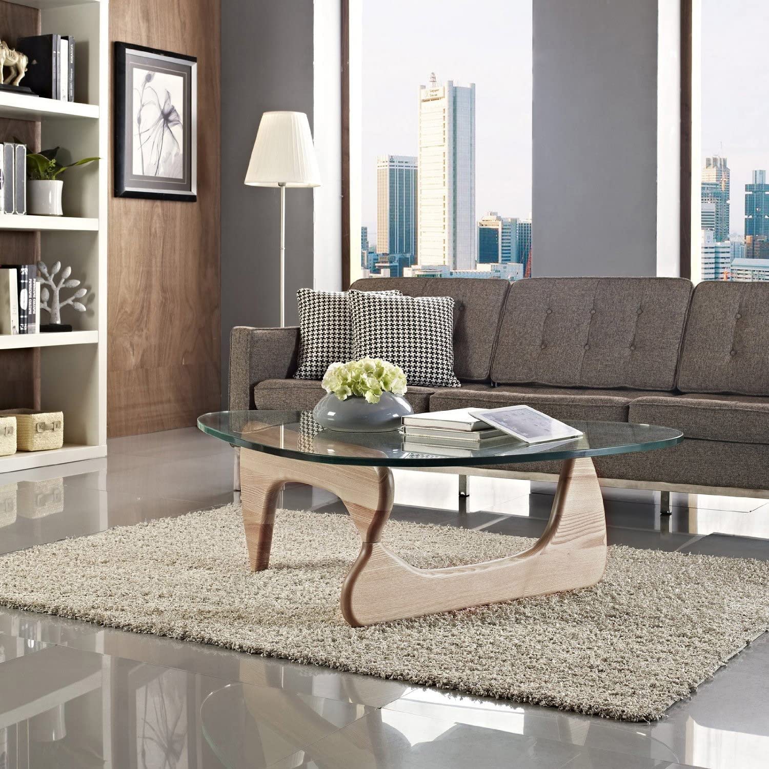 【Furniture】Noguchi Table Triangle Glass Coffee Table Vintage Glass End Table, Solid Wood Base & Glass Top