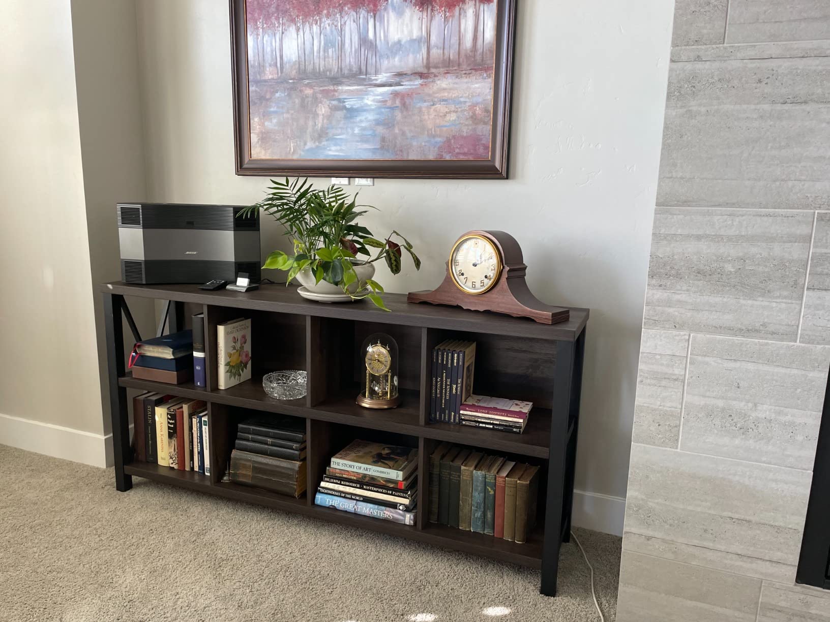 【Furniture】8 Cube Storage Organizer Bookshelf, Rustic Wood Cubby Bookcase, Industrial Horizontal Long Shelf