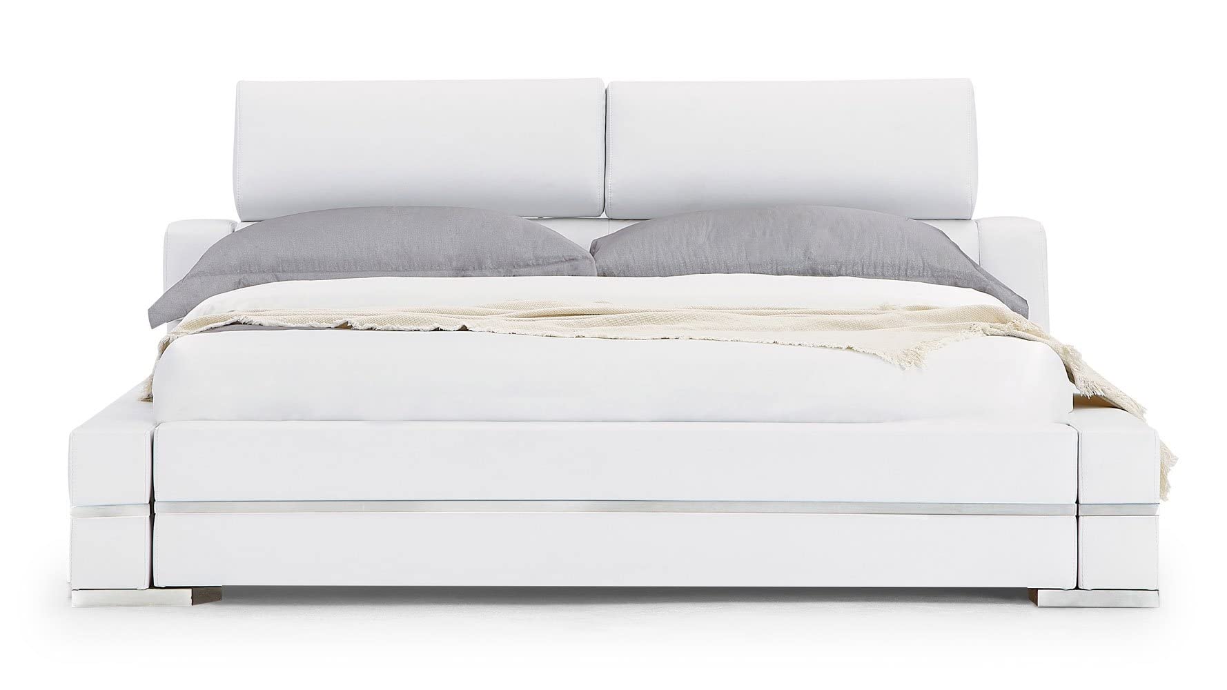 【Furniture】Hera Genuine White Leather Platform Bed with Adjustable Headrests - King