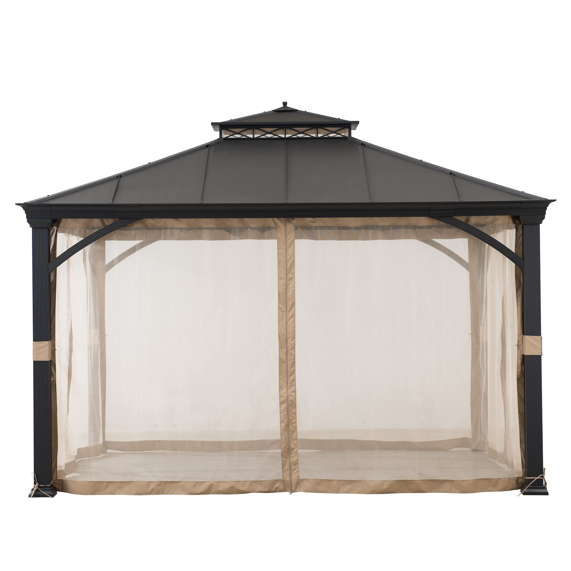 【Gazebo】10.5x12.5 ft. Outdoor Patio Black Steel Frame Hardtop Gazebo with 2-Tier Steel Roof & Mesh Netting