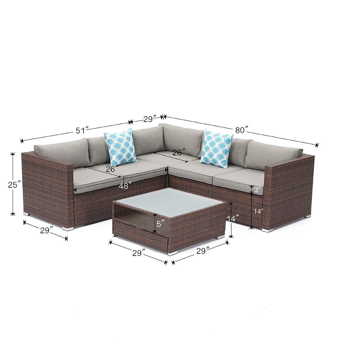 【Furniture】4-Pc Outdoor Furniture Set All-Weather Wicker Sofa w Thick Cushions, Glass Coffee Table, 2 Pillows