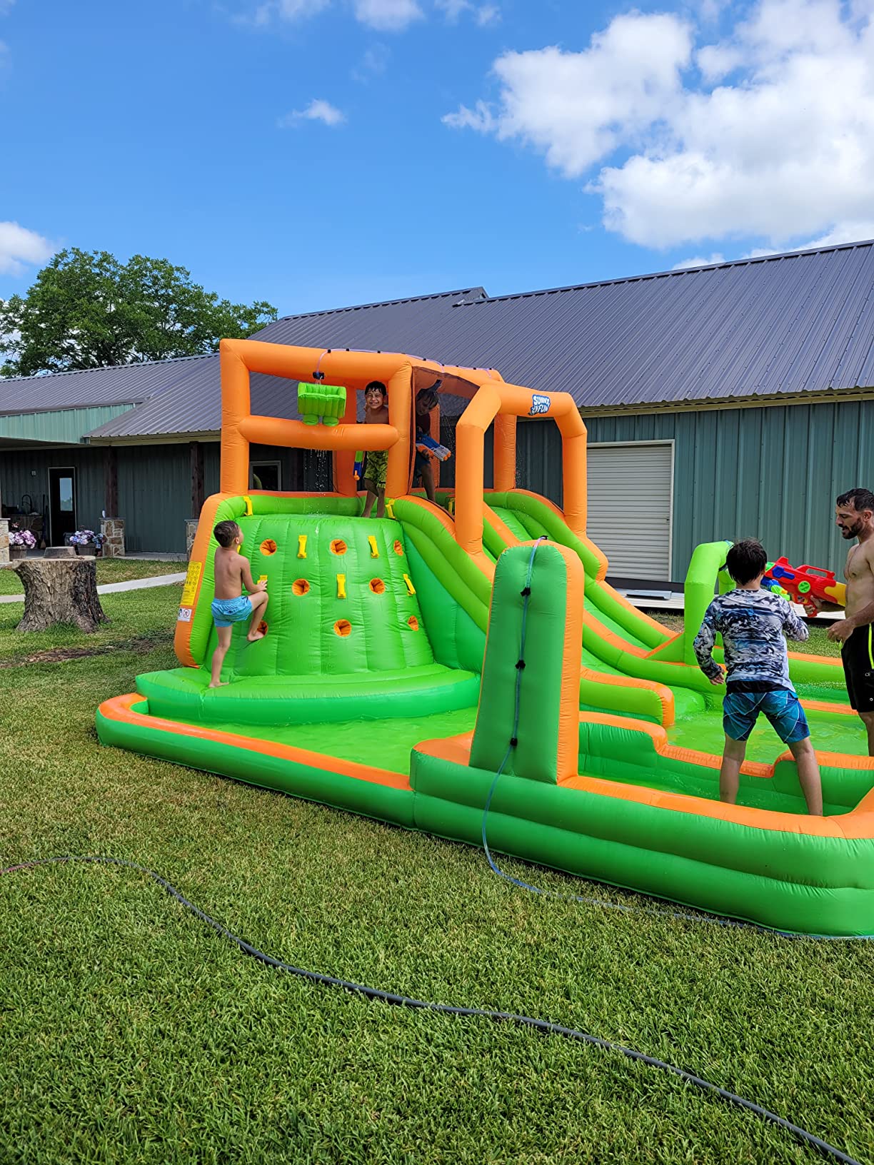 【Baby&Kids】Inflatable Water Slide Park - Climbing Wall, 2 Slides, Splash & Deep Pool