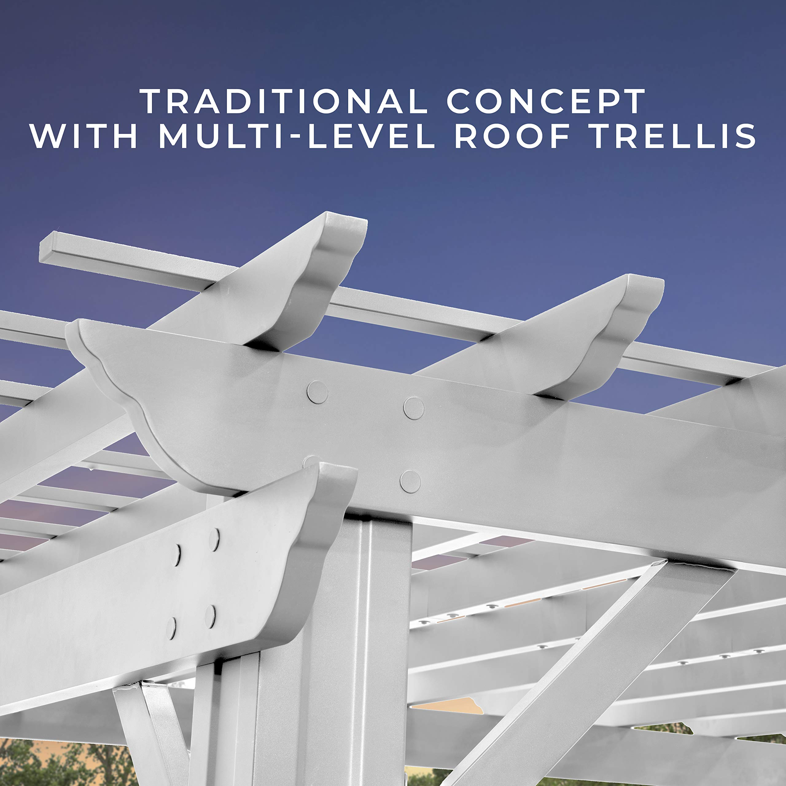 【Home&Garden】14' x 10' White Steel Traditional Pergola with Sail Shade Soft Canopy