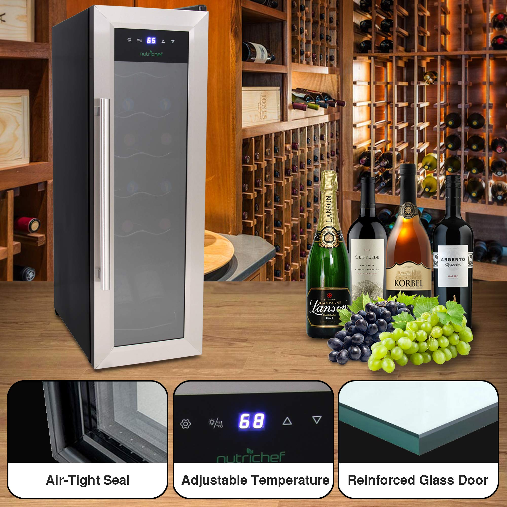 【Appliances】NutriChef PKCWC12 12 Bottle Cooler Refrigerator White and Red Countertop Chiller