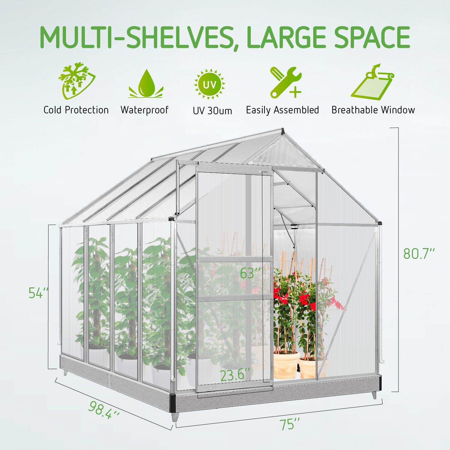 【Home&Garden】Aluminum Green House with Sliding Door and 2 Ventilation Window, 8.2x6.2x6.7 ft