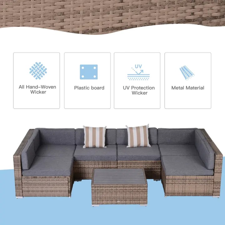 【Furniture】Outsunny 7 Piece Terrace Rattan Sofa Set All Weather Conversation Garden Wicker Combination Set with Coffee Table and Cushions