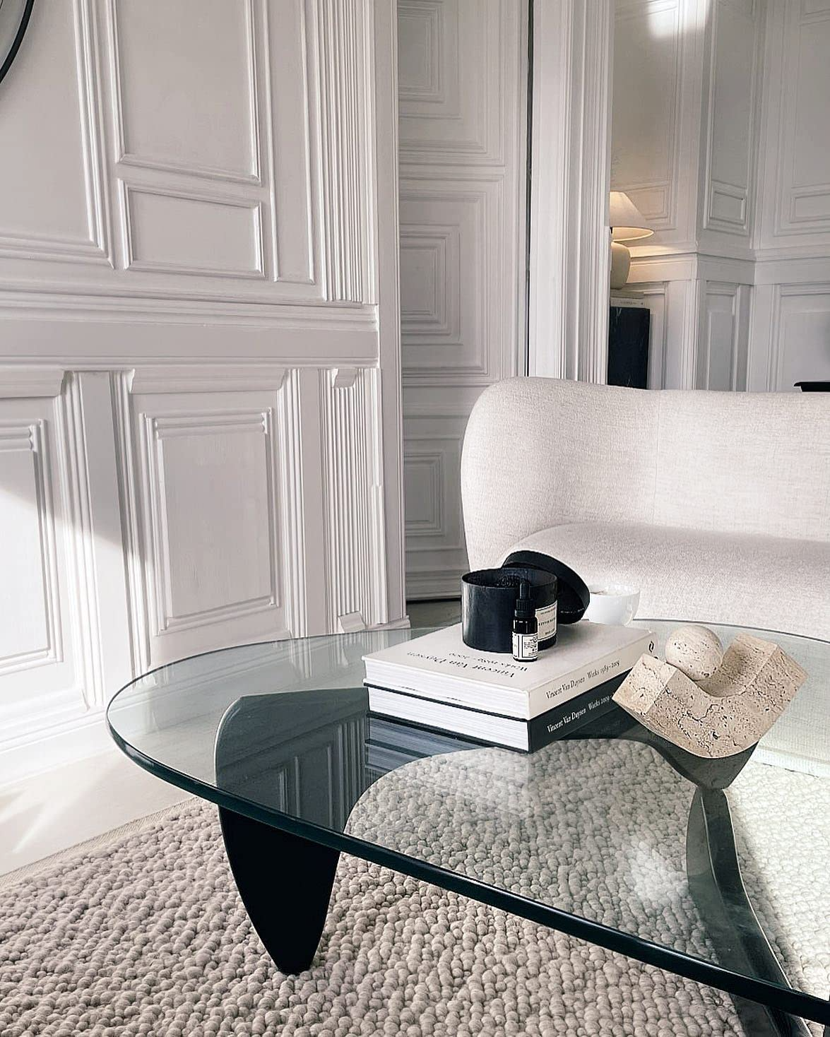 【Furniture】Noguchi Table Triangle Glass Coffee Table Vintage Glass End Table, Solid Wood Base & Glass Top