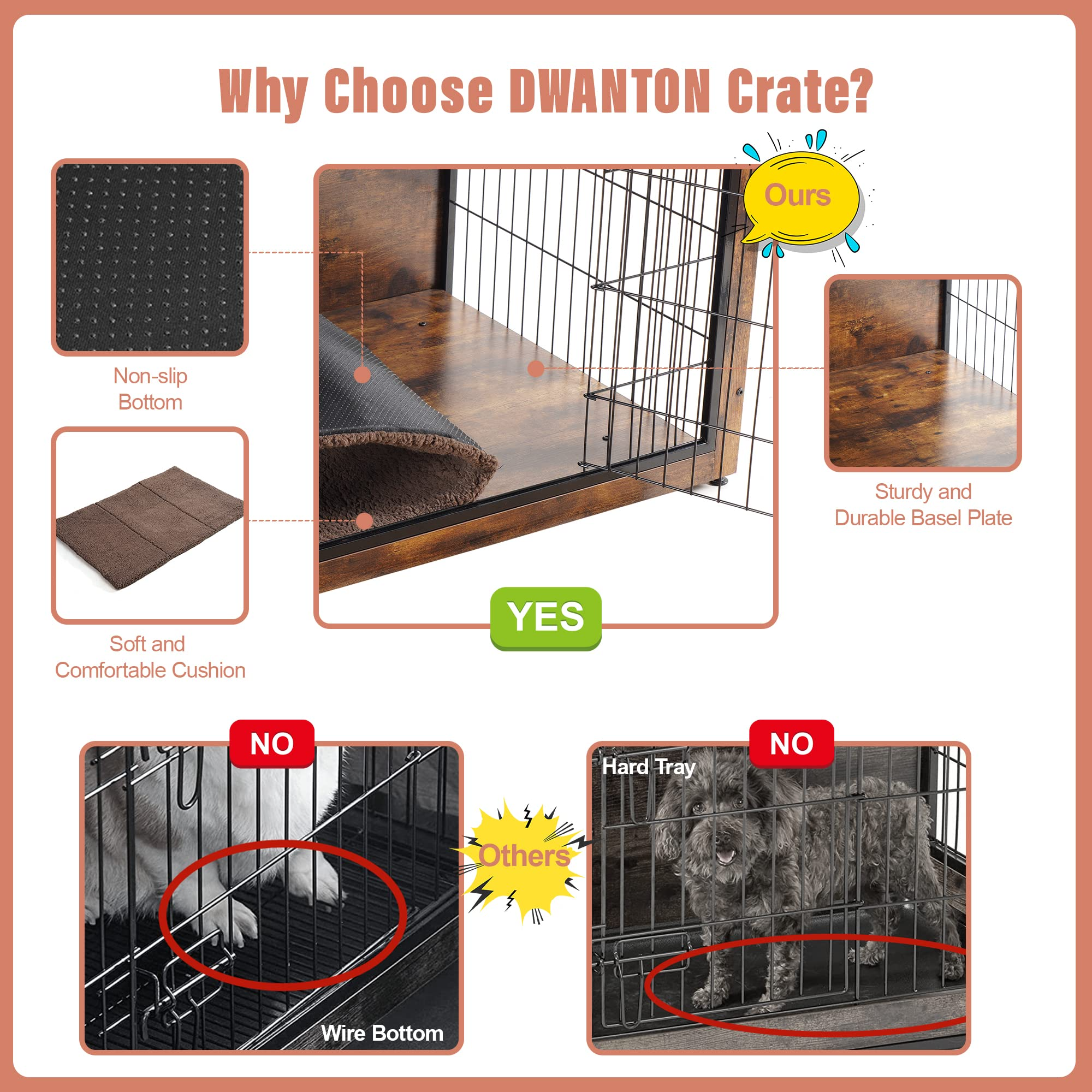 【Pet】Dog Crate Furniture with Cushion, XL Wooden Dog Crate with Double Doors, Dog Furniture