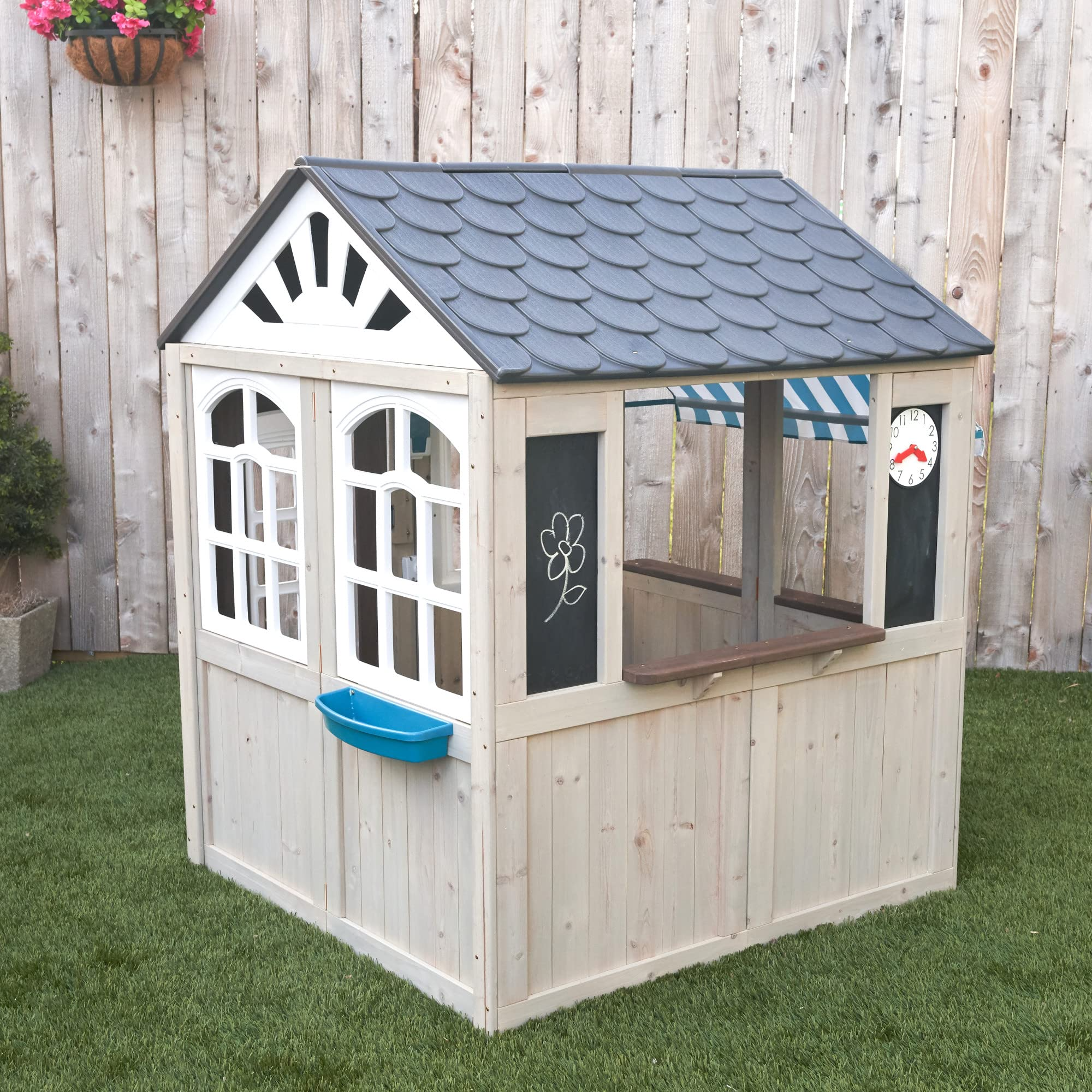 【Baby&Kids】Wooden Outdoor Playhouse, Ringing Doorbell, Mailbox and Awning, Gift for Ages 3-10