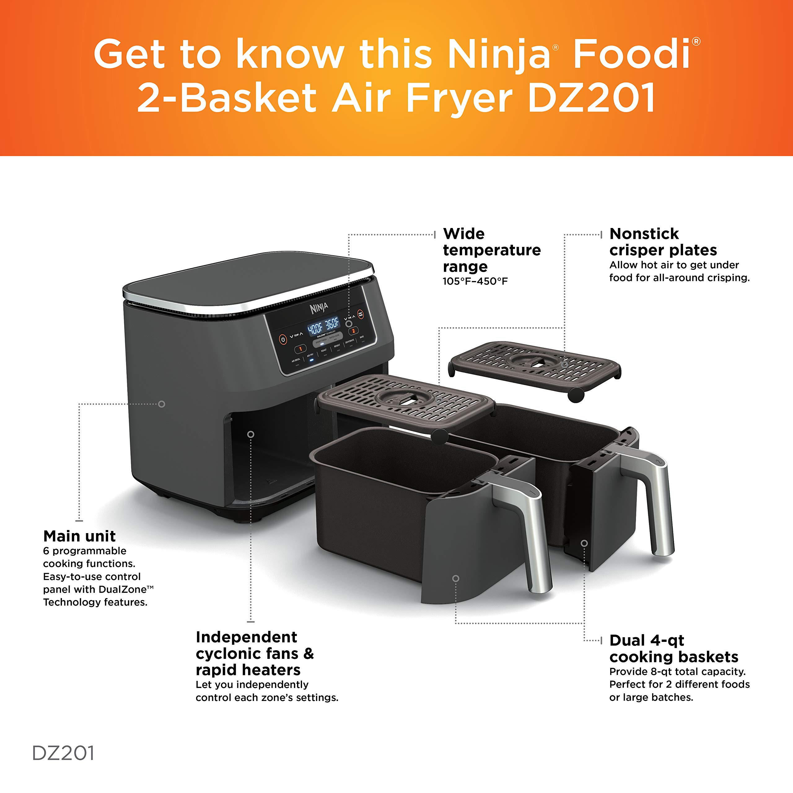 【Electronics】【BS】Ninja DZ201 Foodi 8 Quart 6-in-1 DualZone 2-Basket Air Fryer with 2 Independent Frying Baskets