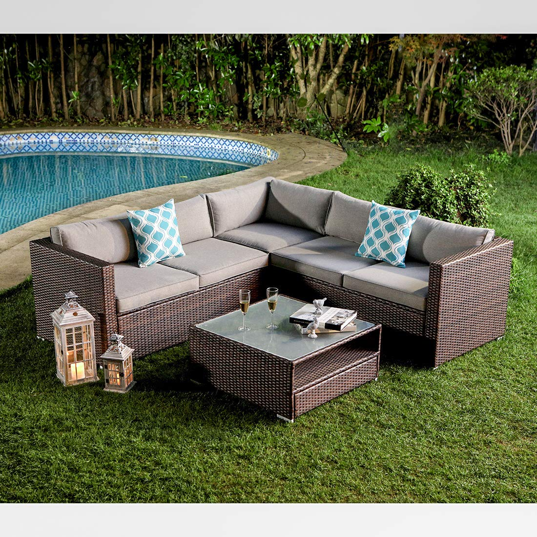 【Furniture】4-Pc Outdoor Furniture Set All-Weather Wicker Sofa w Thick Cushions, Glass Coffee Table, 2 Pillows