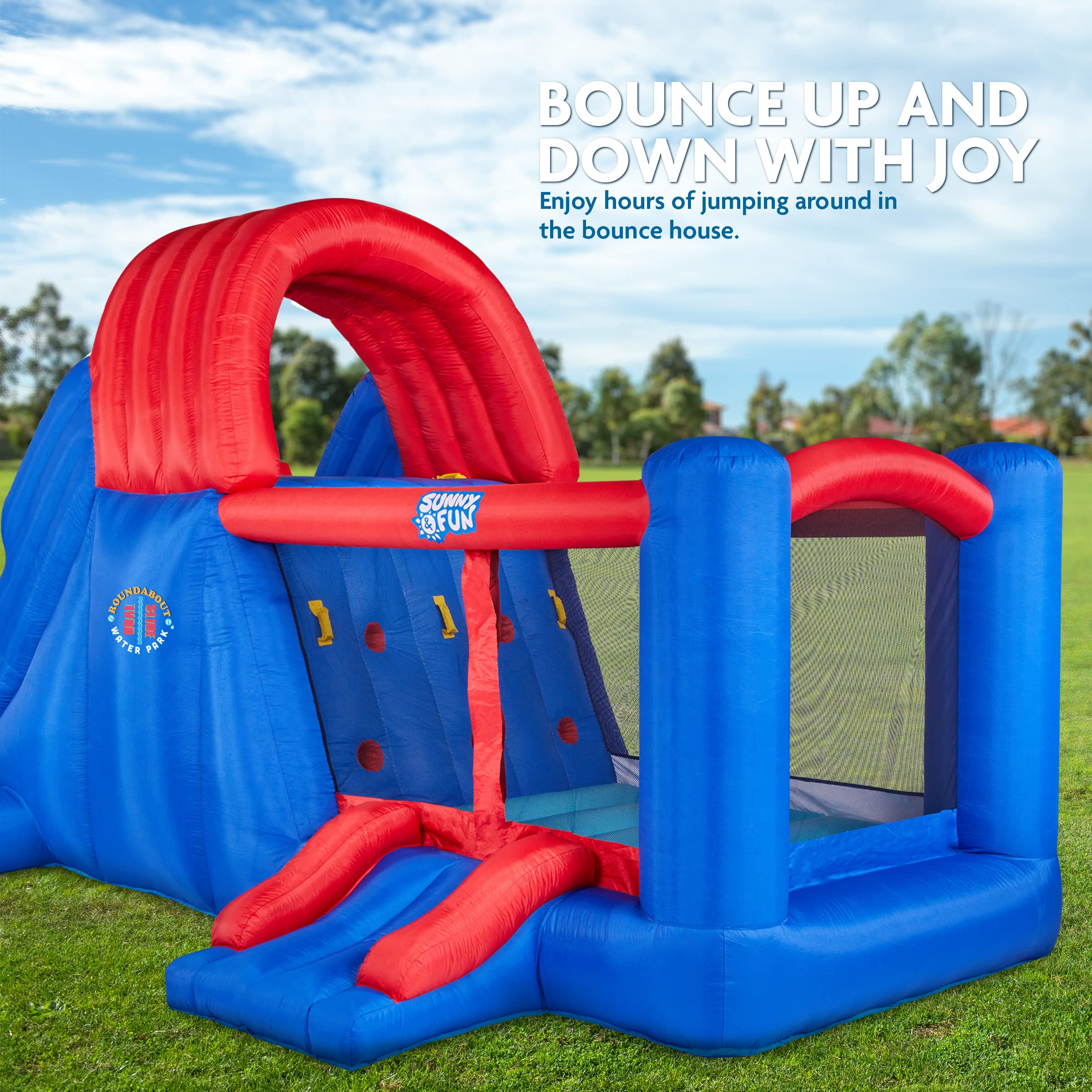 【Baby&Kids】Dual Slide Roundabout Inflatable Water Park - Climbing Wall, Slides, Bounce House & Huge Pool