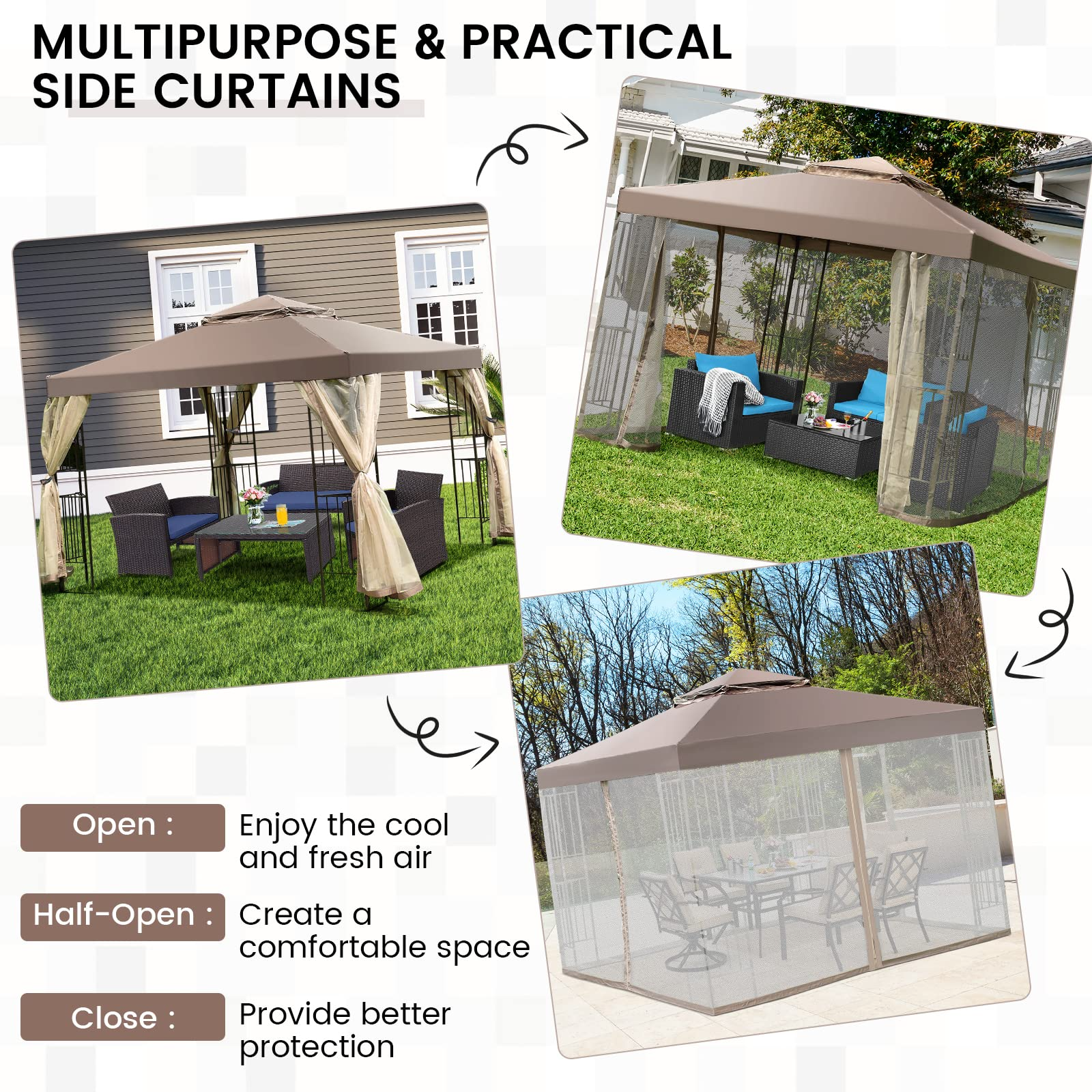 【Gazebo】10x10 Feet Patio Gazebo, Outdoor Gazebo Canopy Shelter w/ Netting