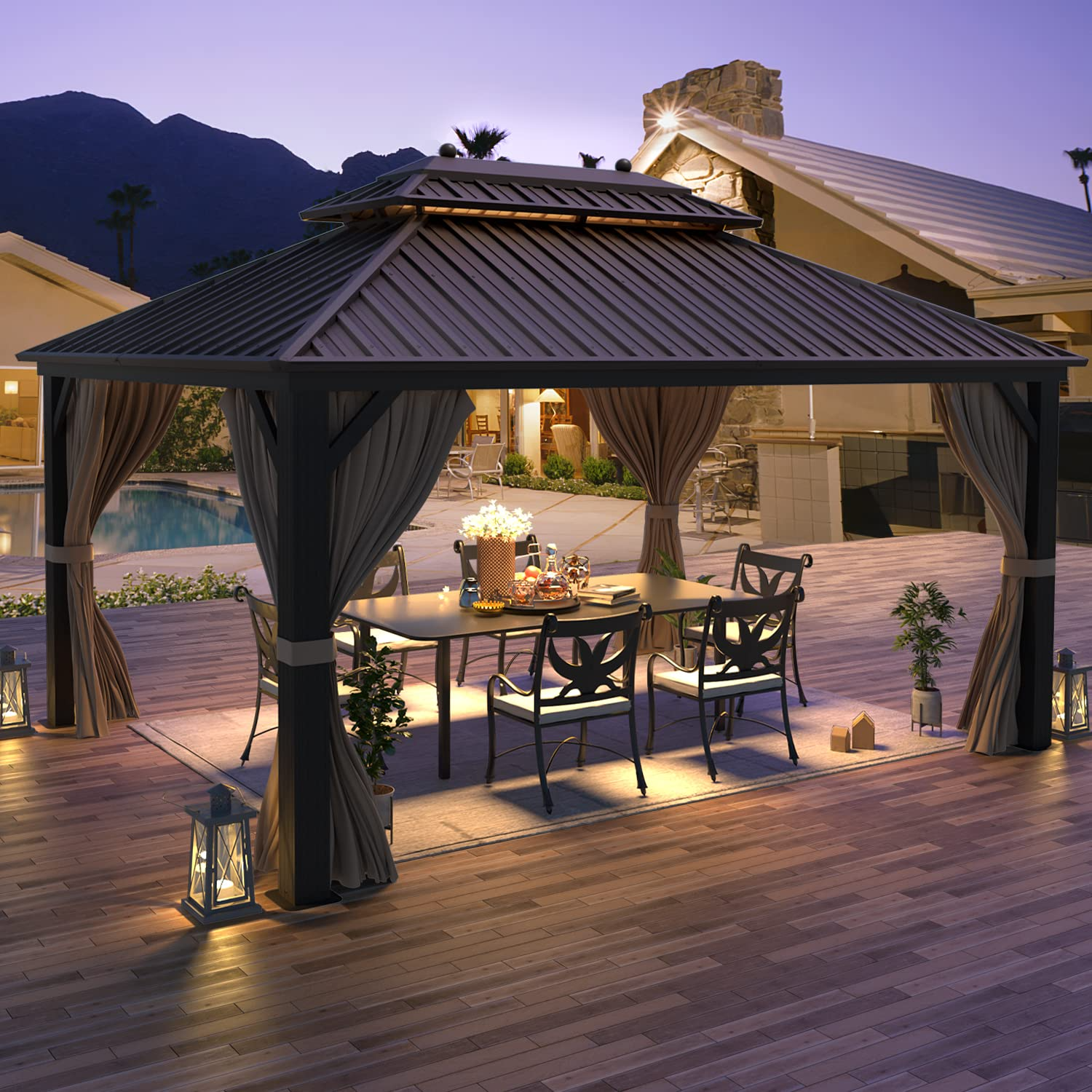 【Gazebo】10'x13' Hardtop Gazebo Galvanized Steel Outdoor Patio Gazebo Canopy Double Roof Pergolas