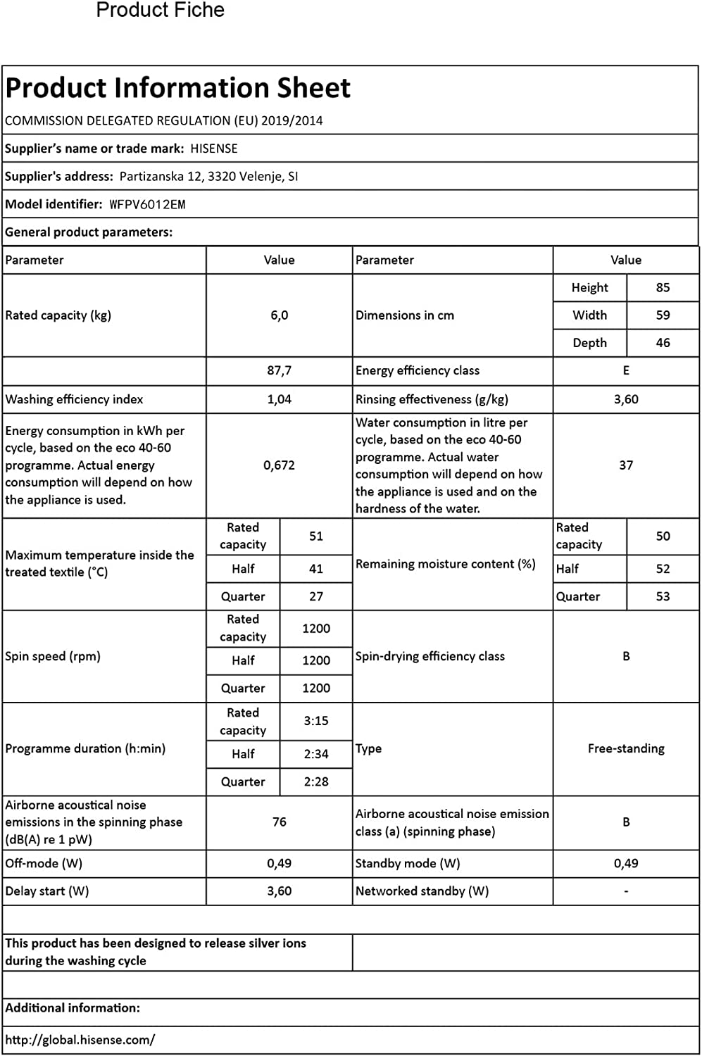 WFPV6012EM-Freestanding-6 KG-Front Load Washing Machine-Steam Wash-Quick Wash-15 Washing Programs