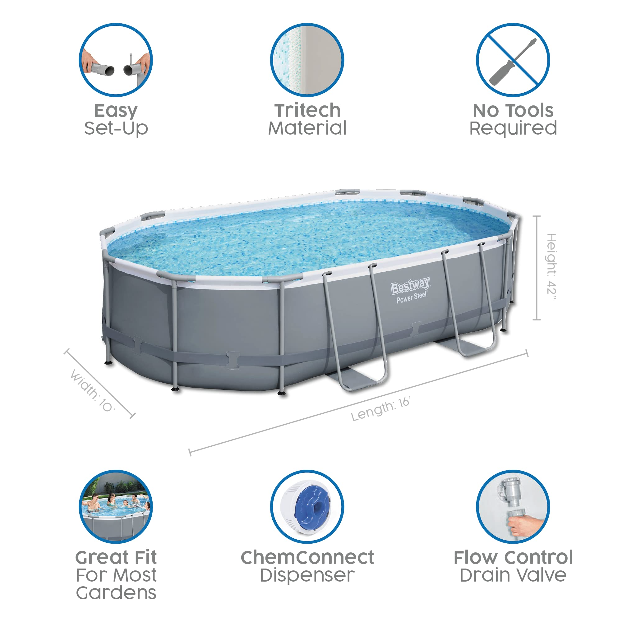 【Sports&Outdoors】Power Steel Above Ground Pool, Garden Swimmin Pool Set, Grey, 16 ft