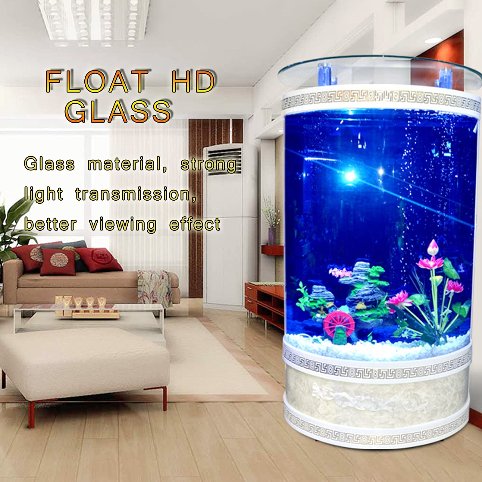 【Pet】Semicircle Family Fish Tank, Living Room & Office Aquarium, Glass Fish Tank without Water Change