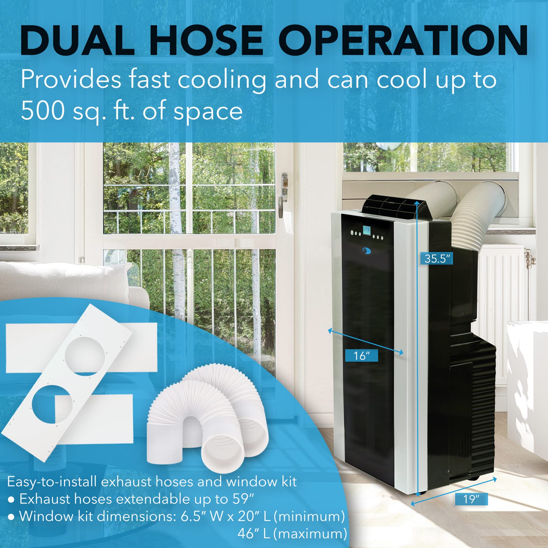 【Appliances】14,000 BTU Dual Hose Portable Air Conditioner with Dehumidifier & Fan for Rooms Up to 500 Square Feet
