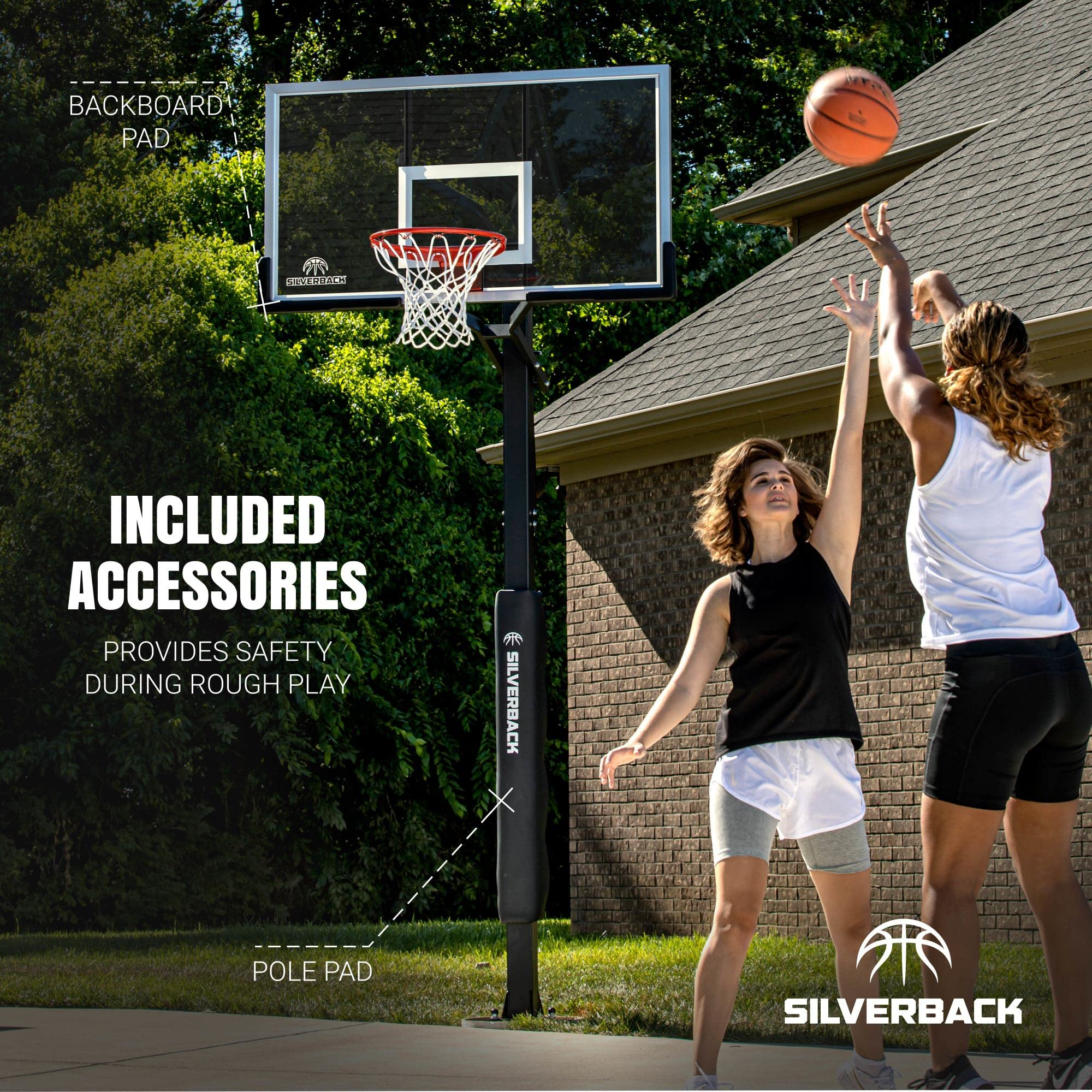 【Sports&Outdoors】Silverback In-Ground Basketball Hoop with Adjustable-Height Tempered Glass Basketball Goal Backboard