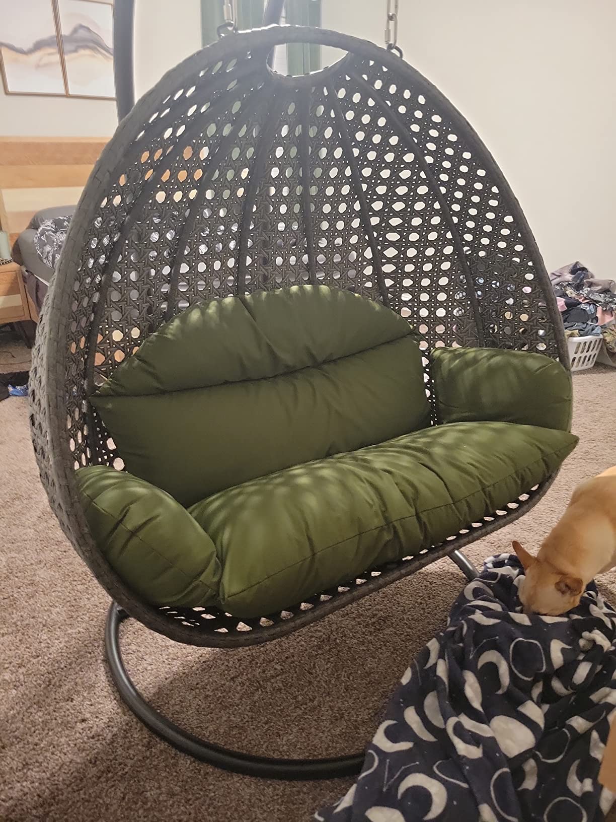 【Furniture】2 Person Hanging Double Swing Chair, X-Large Wicker Rattan Egg Chair with Stand and Cushion