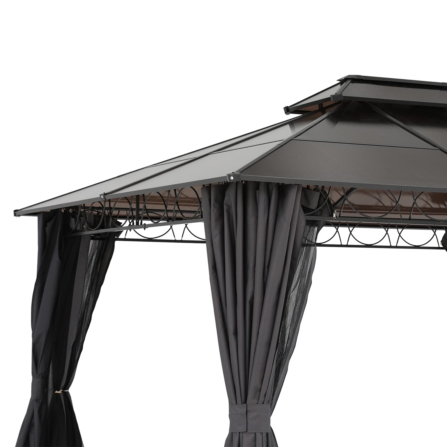 【Gazebo】10x12 Double Roof Hardtop Patio Gazebo Canopy Aluminum Frame with Netting & Screen Walls Curtains