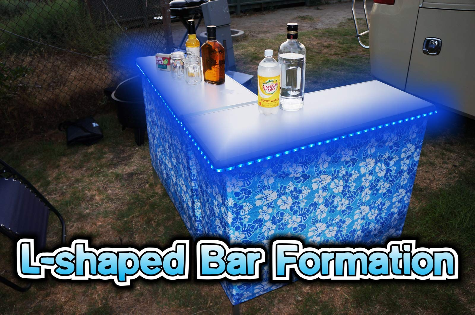 【Furniture】Folding Portable Party Bar w/Color-Changing LED Lights, Black & Hawaiian Bar Skirts & Storage Shelf