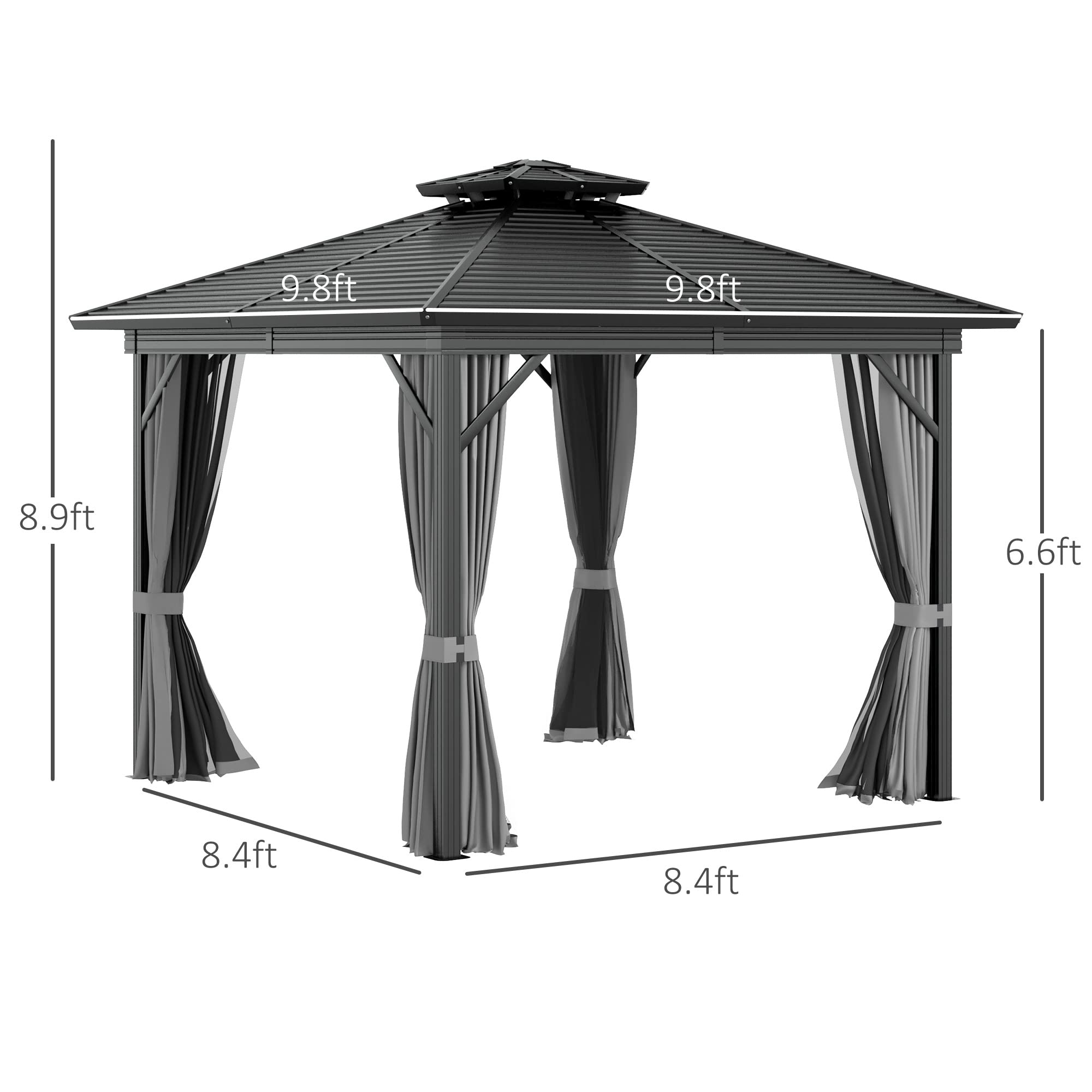 【Gazebo】10x10 Hardtop Gazebo with Aluminum Frame, Permanent Metal Roof Gazebo Canopy w/ Curtains & Netting