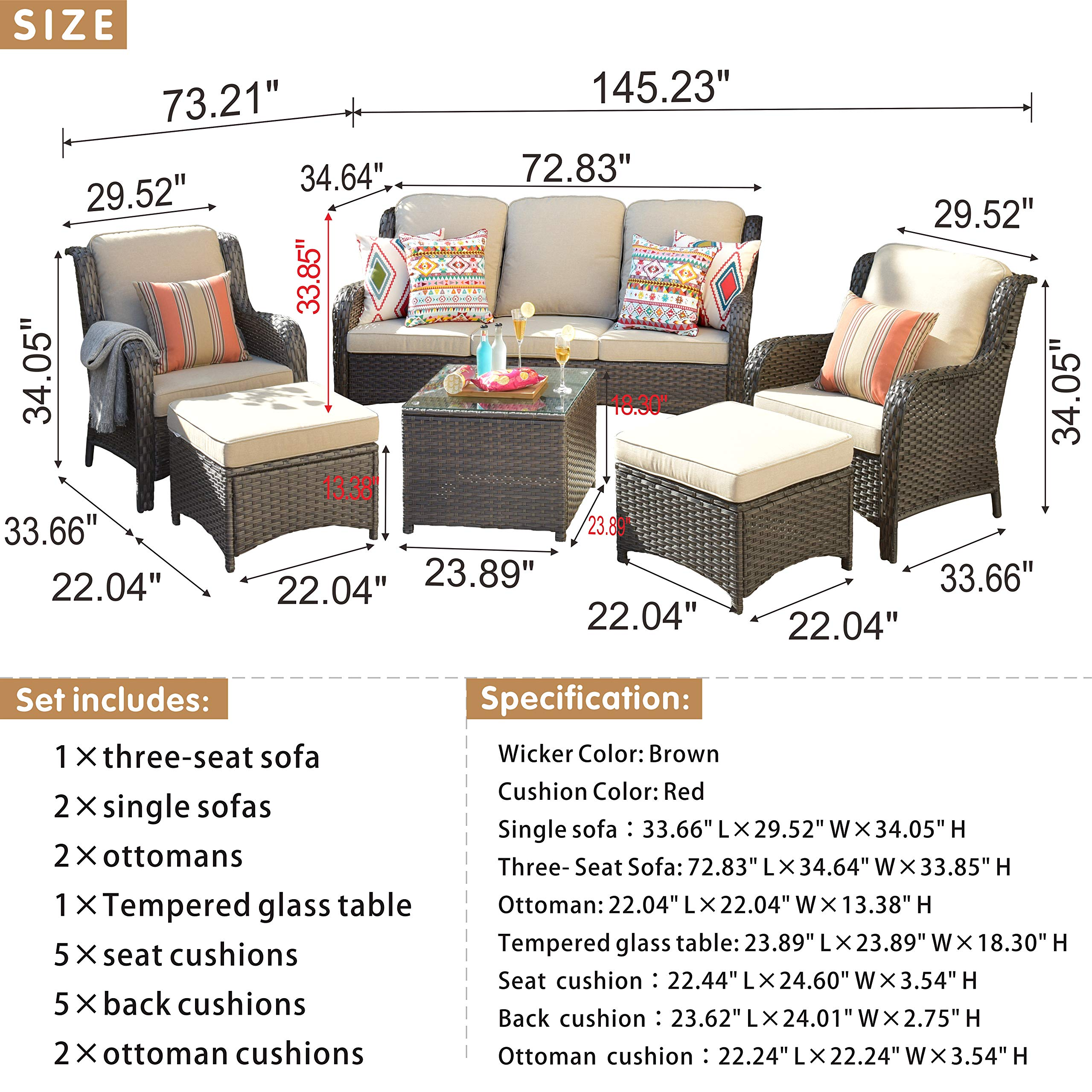 【Furniture】Patio Furniture Conversation Set All Weather Wicker 6 Pcs High Back Sofa w Coffee Table & Ottomans《NO8》