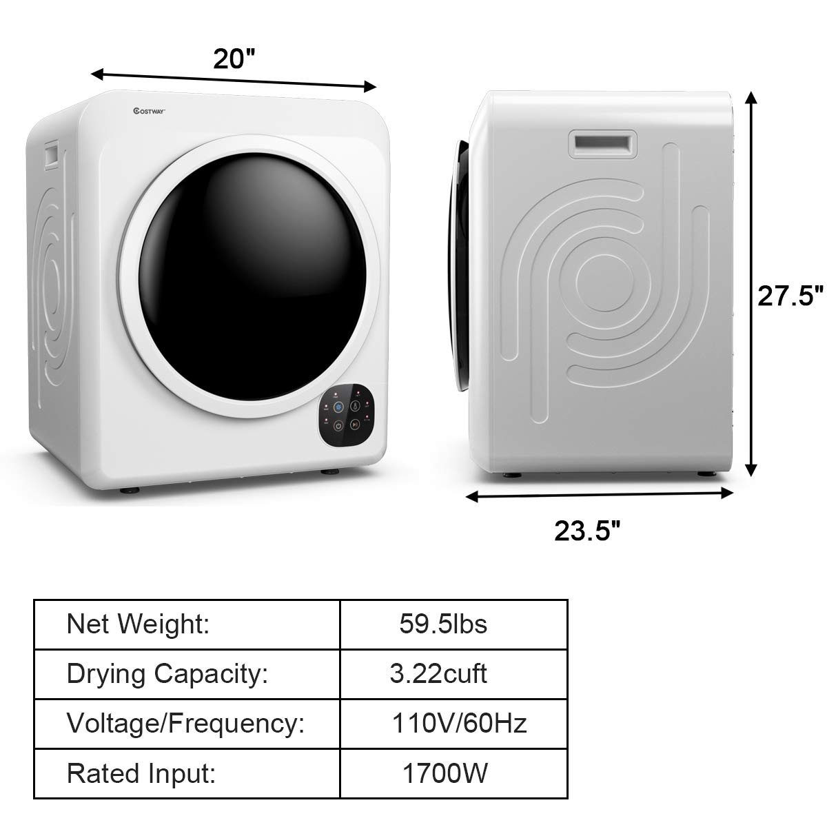 【Appliances】COSTWAY 1700W Electric Portable Clothes Dryer, 13.2 lbs Capacity Front Load Compact Tumble Laundry Dryer