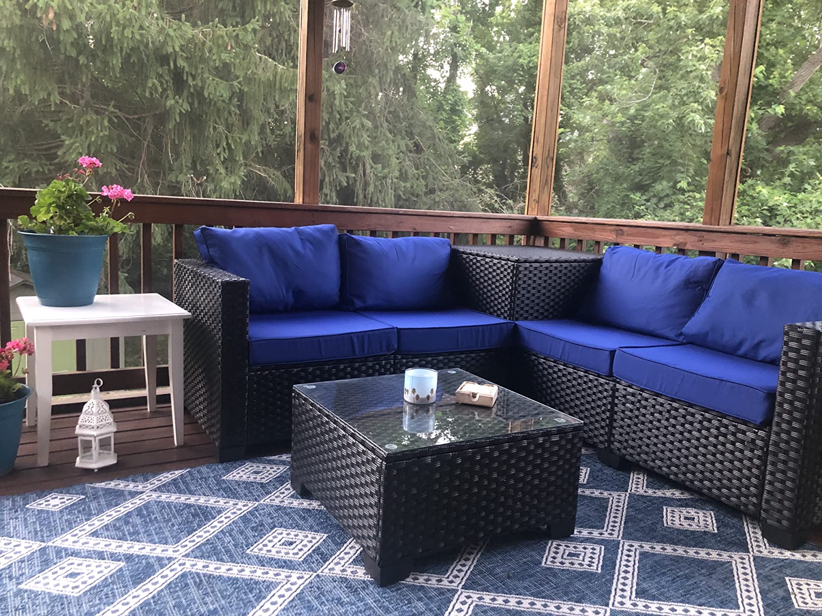 【Furniture】Outdoor PE Wicker Furniture Set 4 Piece Patio Black Rattan Sectional Loveseat Couch Set Conversation Sofa