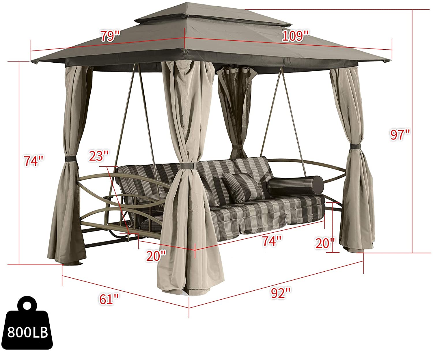 【Gazebo】3 Person Outdoor Patio Porch Swing Gazebo with Netting & Gazebo Curtains